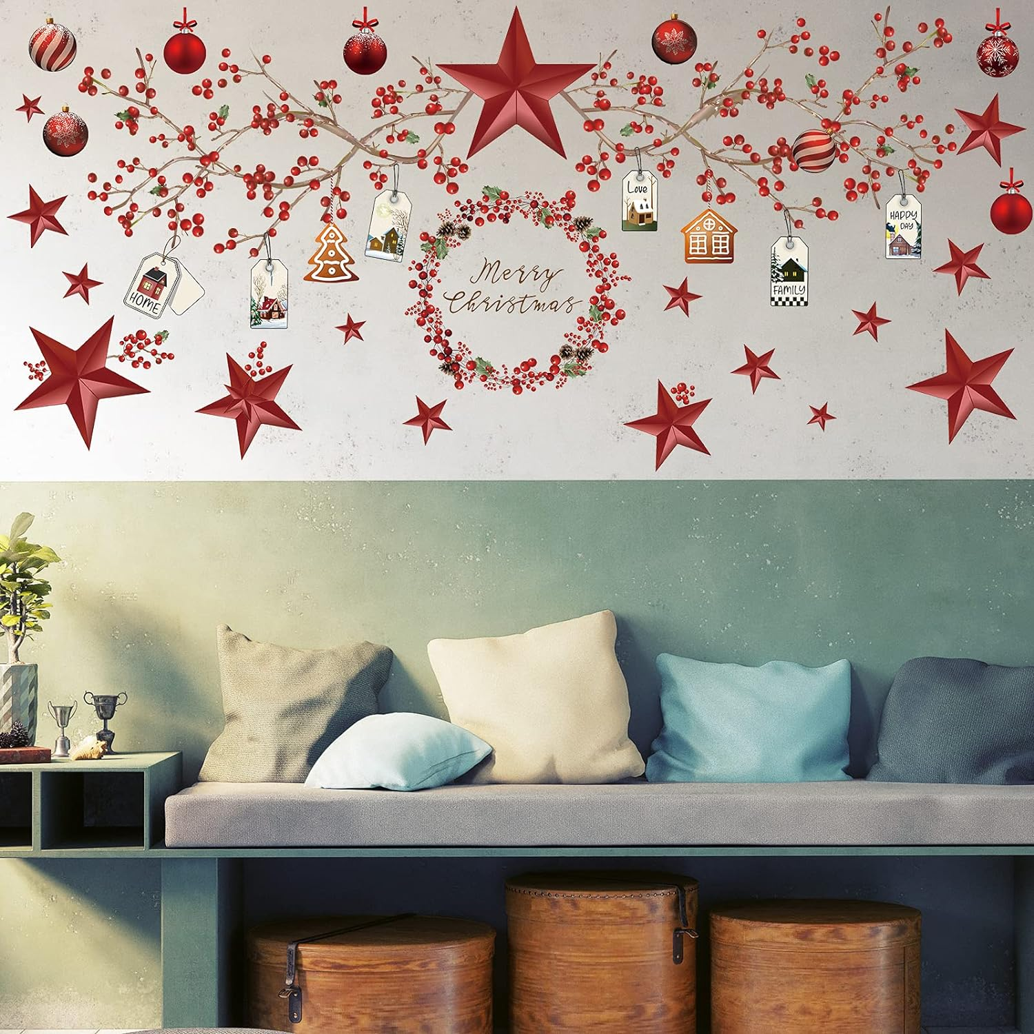 4 Sheets Christmas Wall Stickers Decals Removable Merry Christmas Window Walls Cling Tree Art Sticker Xmas Decoration image number 2