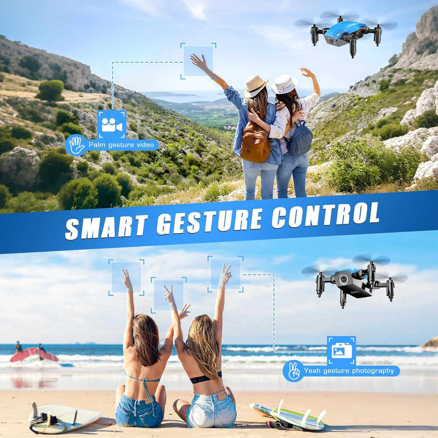 Mini Drone with 720P Camera for Kids, Remote Control Drones Toys for Ages 8-14, Pocket RC Quadcopter with Foldable Wings, Voice Gesture Control, Altitude Hold, Gifts for Kids Beginners, 2 Batteries image number 2