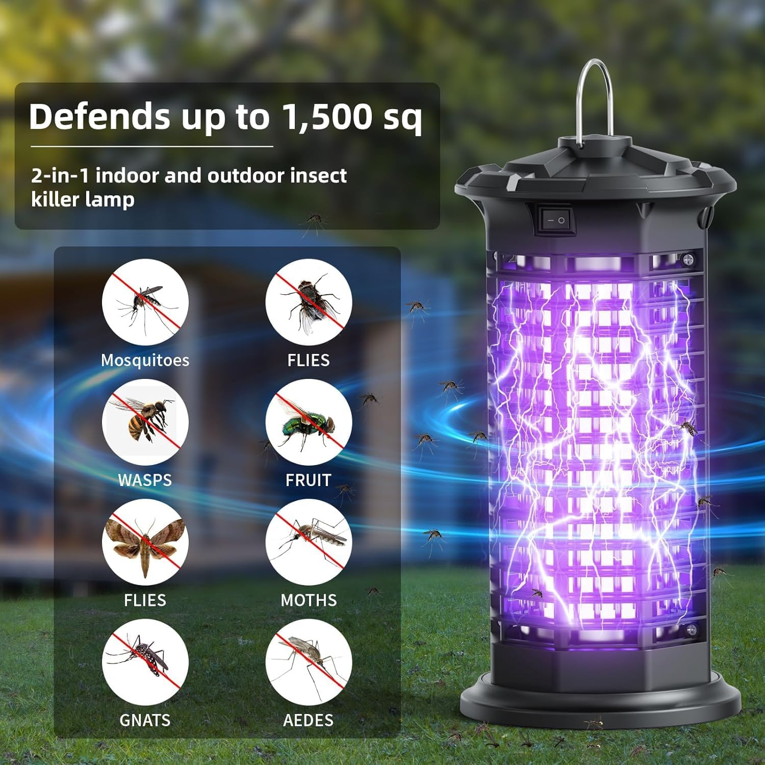 Bug Zapper Outdoor,Fly Traps for Indoors,4200V High Powered Mosquito Repellent Outdoor Patio, with Switch 15W Light Mosquito Zapper for Indoor, Kitchen, Patio, Backyard and More (Black) image number 5