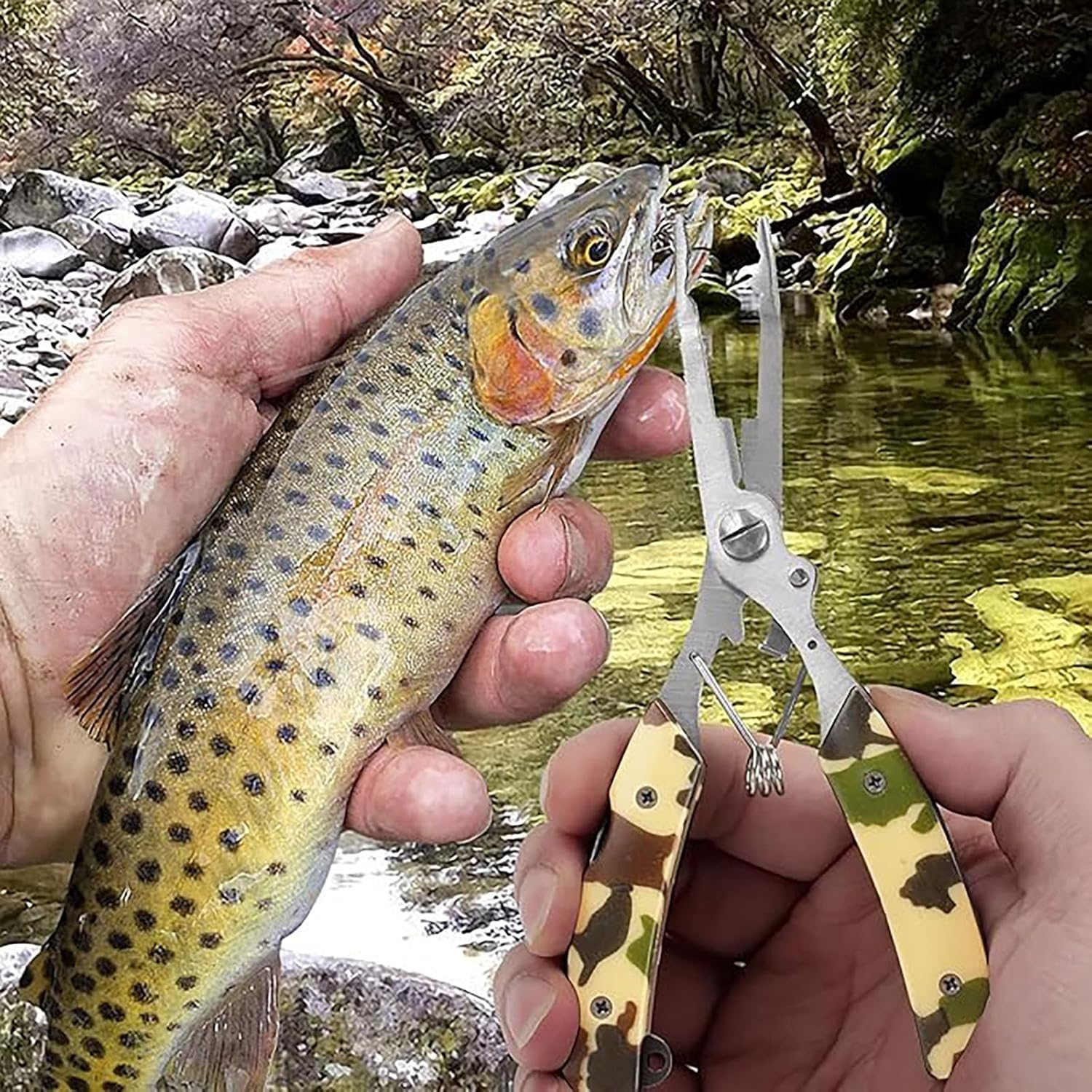 SYGELER Fishing Pliers, Stainless Steel Multifunctional Fish Pliers, Camouflage Fishing Tool with Hook Remover, Sheath and Lanyard, Gifts for Men image number 1