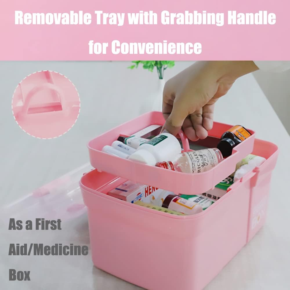FOREVERIE Clear Plastic Medium Sewing Box Organiser with a Removable Tray, Arts & Crafts Supplies Storage Box, Portable Handled Makeup Box, Multipurpose Plastic Storage Containers (Pink) image number 2