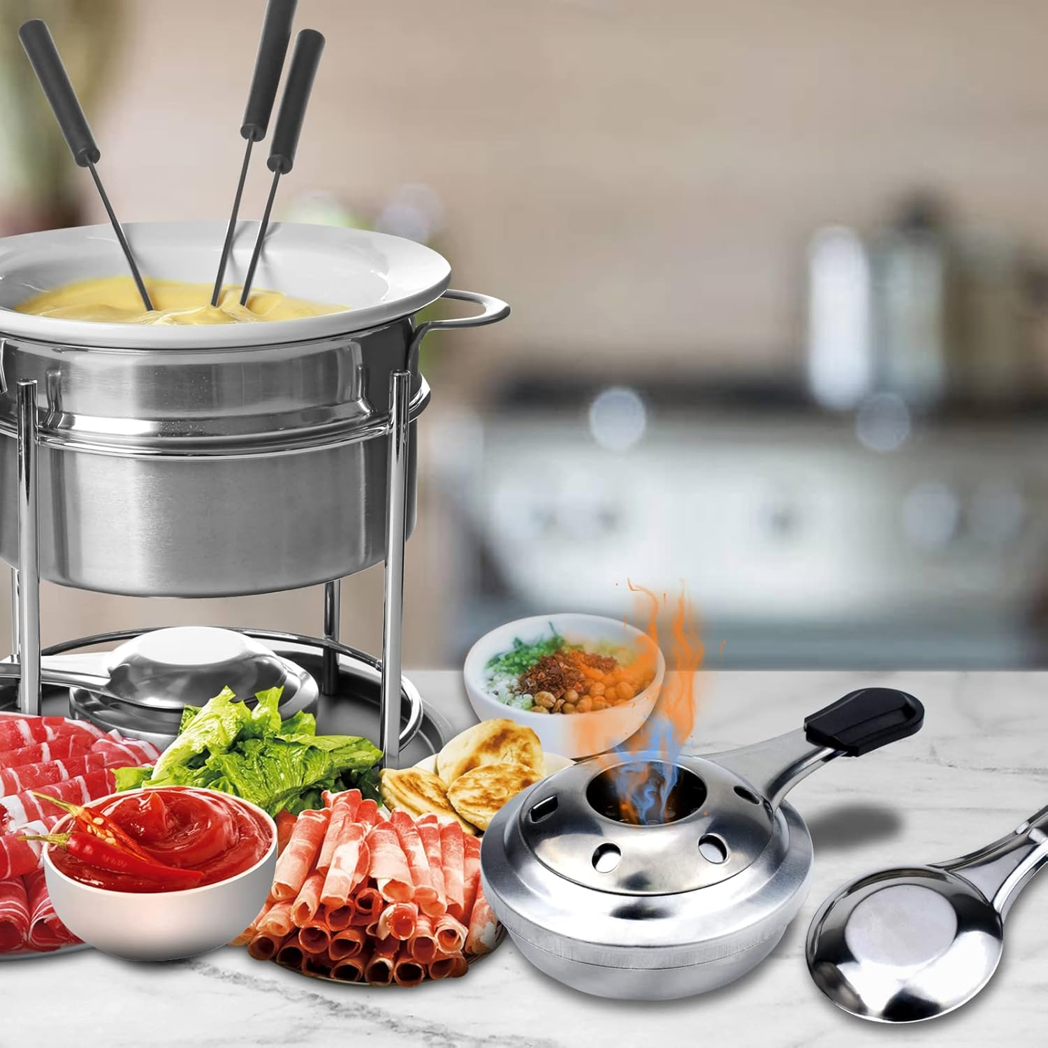 YUNFANG Mini Alcohol Stove, Frame Adjustable, Stainless Steel, Portable, Anti-Scalding Handle, Suitable for Fondue, Hotpot, Hiking, Camping - Silver image number 4