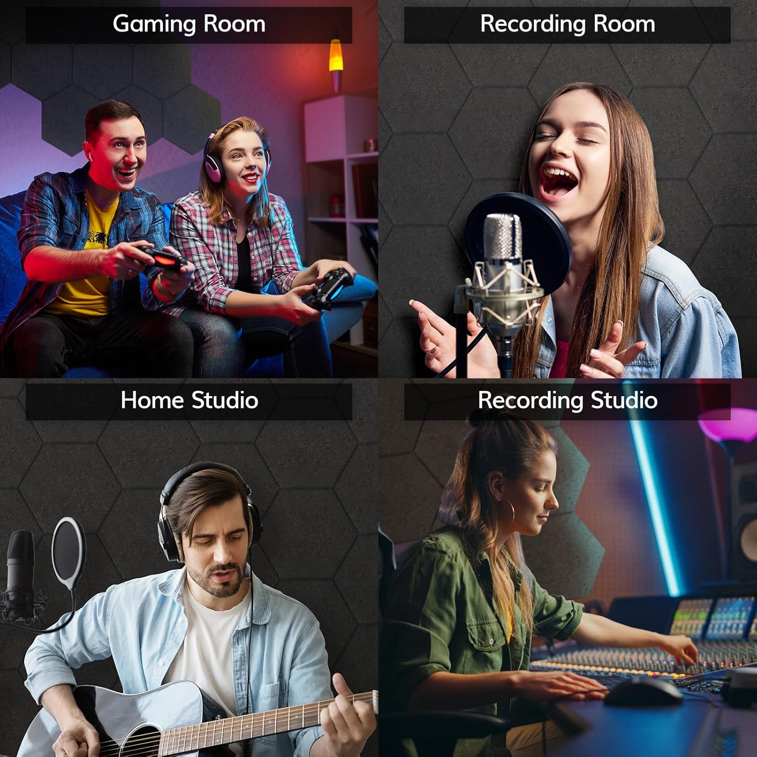 18 Pack Hexagon Acoustic Panels, TONOR 12"X 10"X 0.4" High Density Sound Proof Panels for Walls, Sound Deadening Insulation Treatment Foam Panel, Sound Absorbing Padding for Studio, Office, Black image number 4