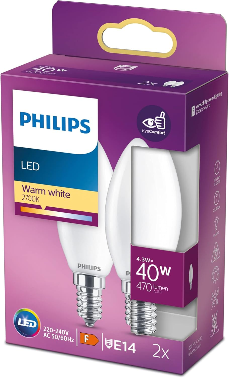 Philips LED Classic E14 Bulb, 40 W, Candle Shape, Matt, Warm White, Pack of 2 image number 2
