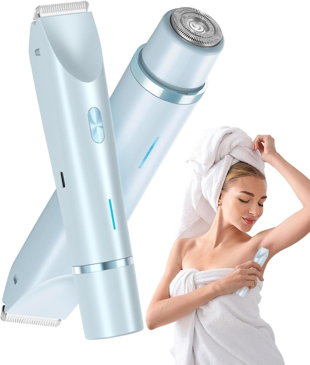 Electric Lady Shaver for Women, 2 in 1 Bikini Trimmer Women Wet and Dry, IPX7 Waterproof Rechargeable Electric Razor for Bikini Underarms Legs Arms Body Face(White)