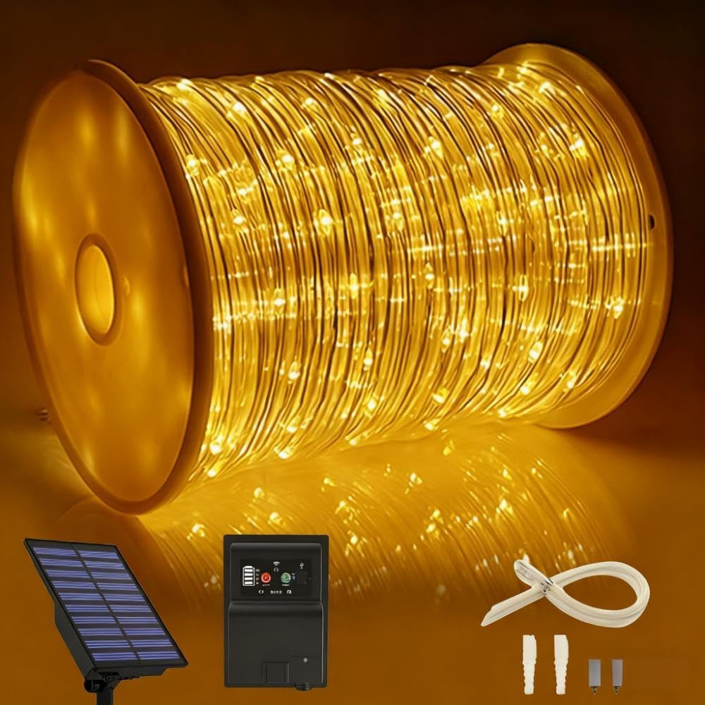 164 FT 1000 LED Rope Lights Solar Powered Waterproof String Lights 8 Modes Outdoor Tube Light Copper Wire Fairy Lights for Christmas Garden Fence Yard Party Pool Wedding Decor (Yellow)