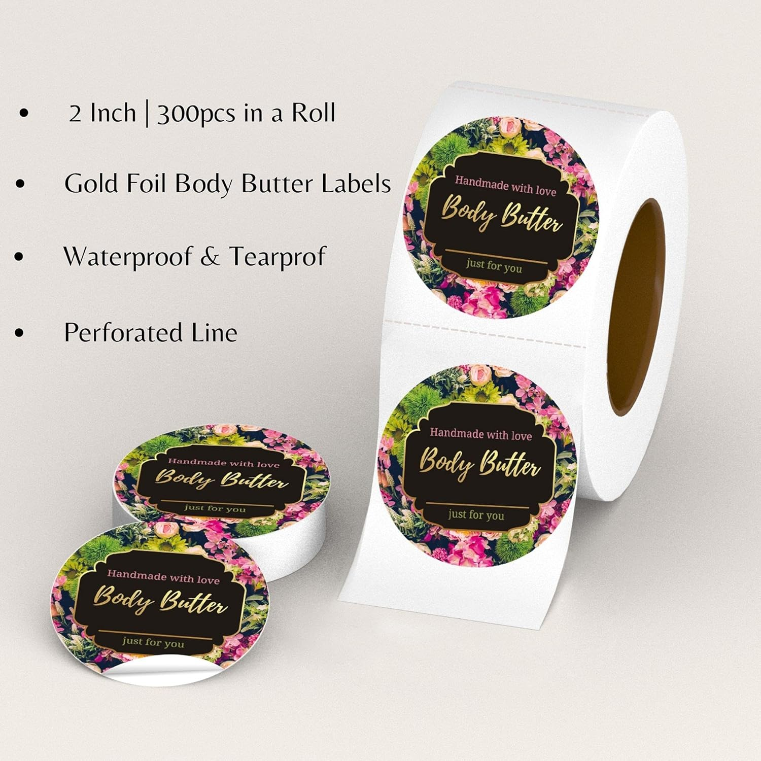 Mobiusea Creation Body Butter Labels Roll | 2 Inch | Gold Foil | 300Pcs Waterproof Labels for Beauty Jar, Body Butter Kit, Homemade Body Butter Container and Plastic Jars image number 5