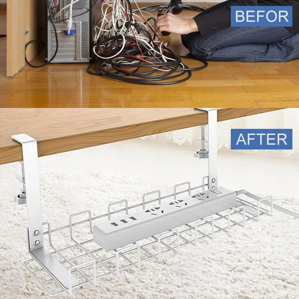 NOAEOU under Desk Cable Management Tray, Super Sturdy under Desk Wire Management Organizer,Clamp Install Metal Cord Management Rack,Perfect for Office Home,15.7In Cable Tray Basket (White) image number 4