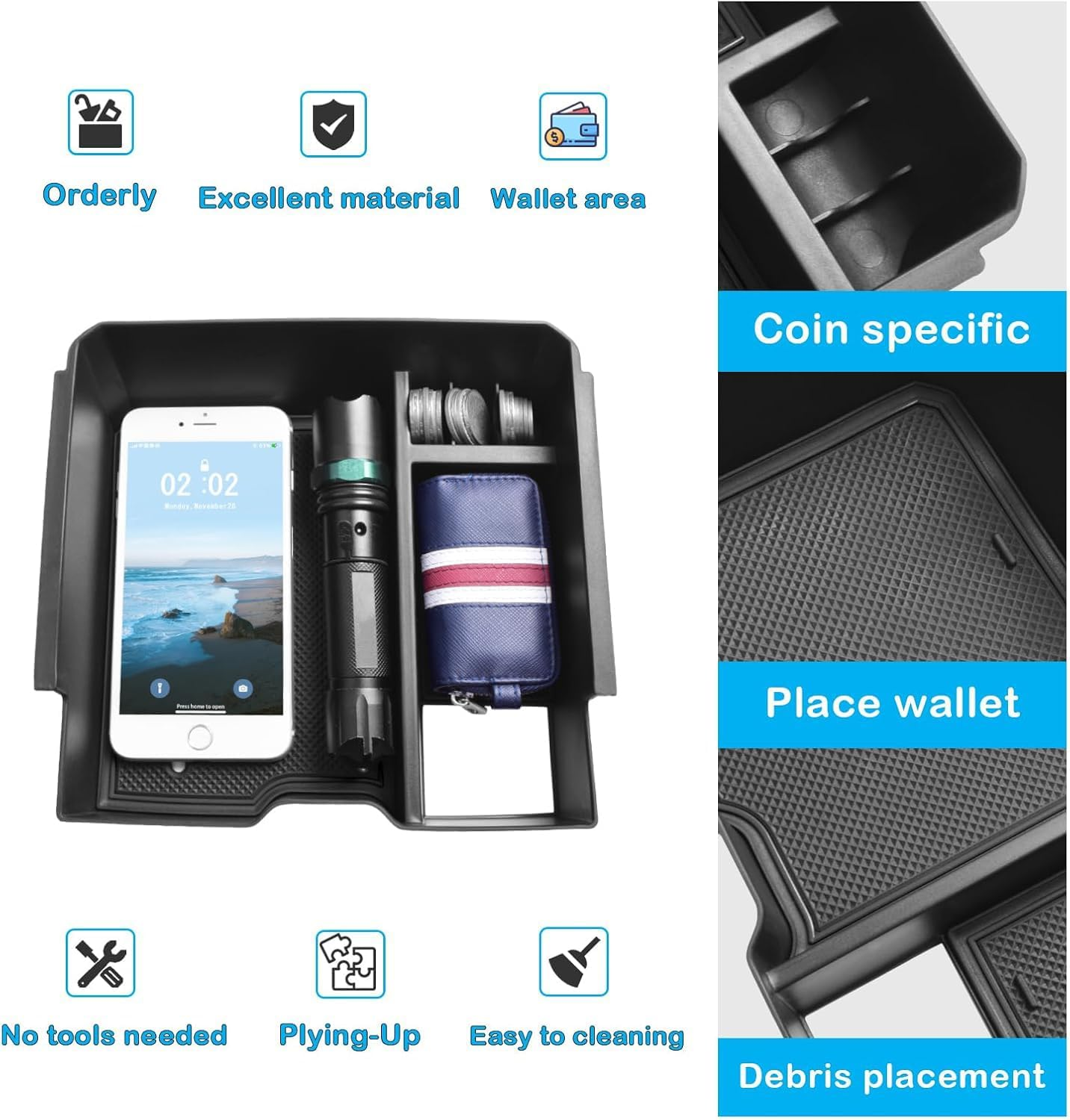 Center Console Organizer for 2024 Ford Ranger Armrest Storage Box Insert Holder Tray Interior Organizer Accessories for Ford Ranger & Raptor & Wildtrak (Electric Handbrake Version) image number 1