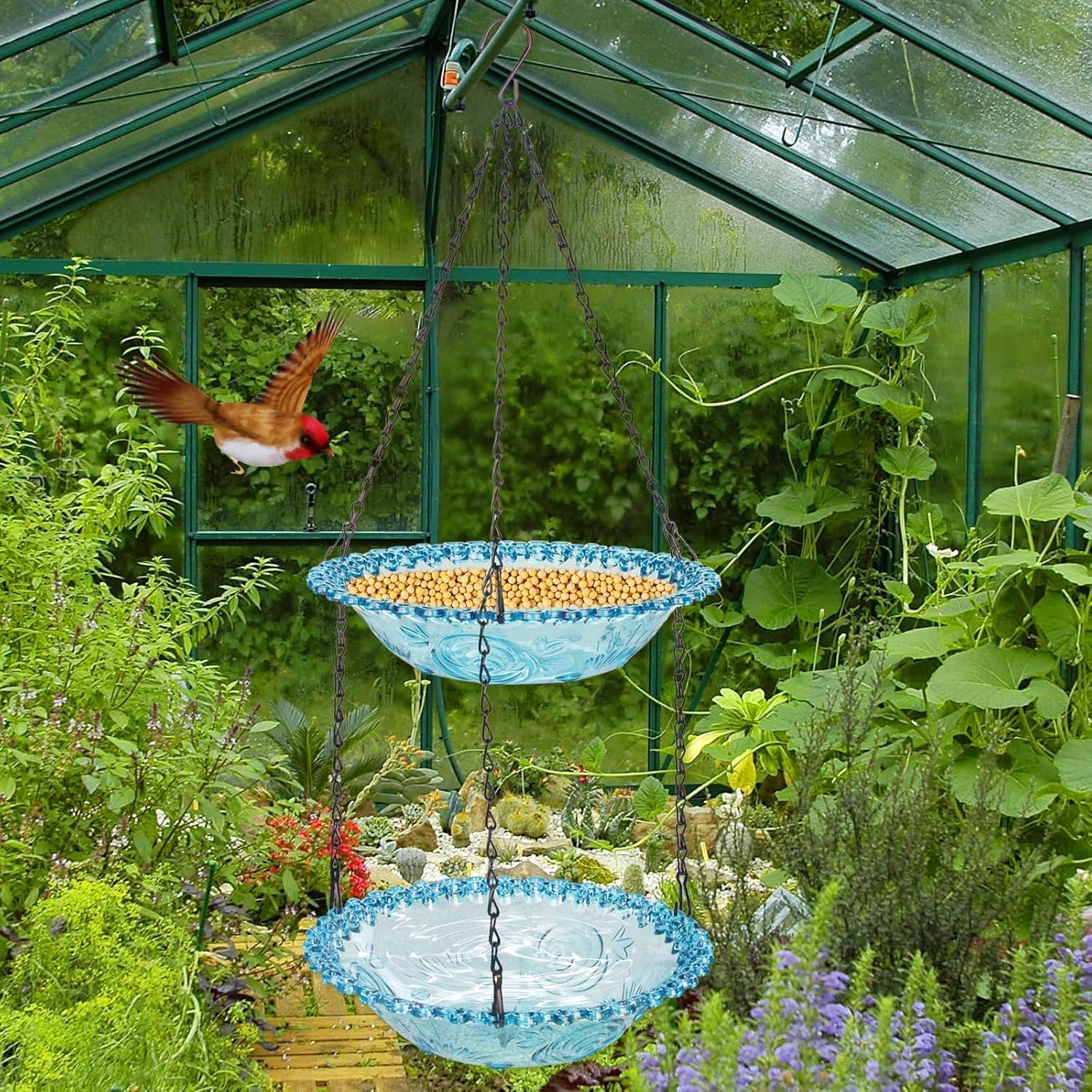Hanging Bird Bath for Outdoor, 2-In-1 Bird Feeder&Birdbath Bowls, Backyard Birdbath Garden Decor, Feeder and Drinking for Wild Backyard Attracting Birds (Blue-Doulbe Bath) image number 5