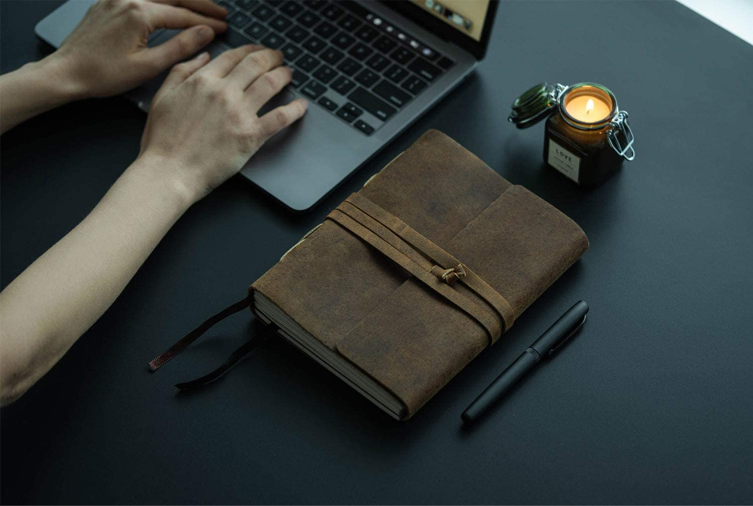Komalc Leather Journal Lined Paper with Luxury Pen Handmade Leather Journal/Writing Notebook Diary/Bound Daily Notepad for Men & Women Medium Writing Pad for Artist 8 X 6