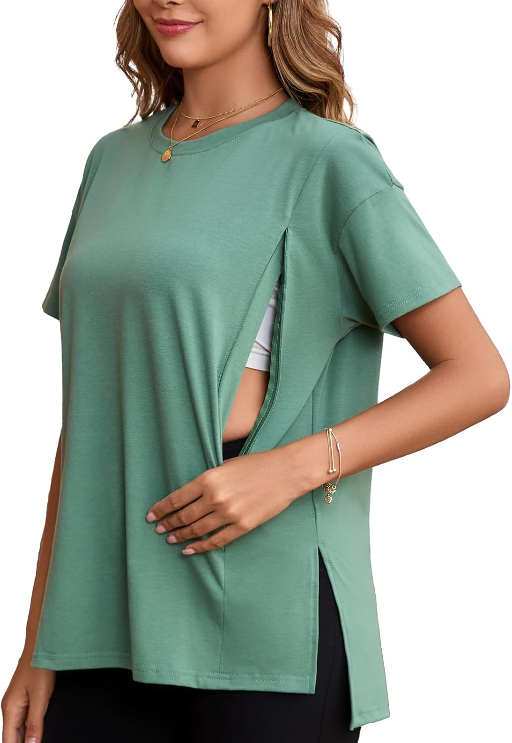 Ecavus Women'S Oversized Nursing Shirts for Breastfeeding with Hidden Zipper Short Sleeves Side Splits Maternity Tops image number 2