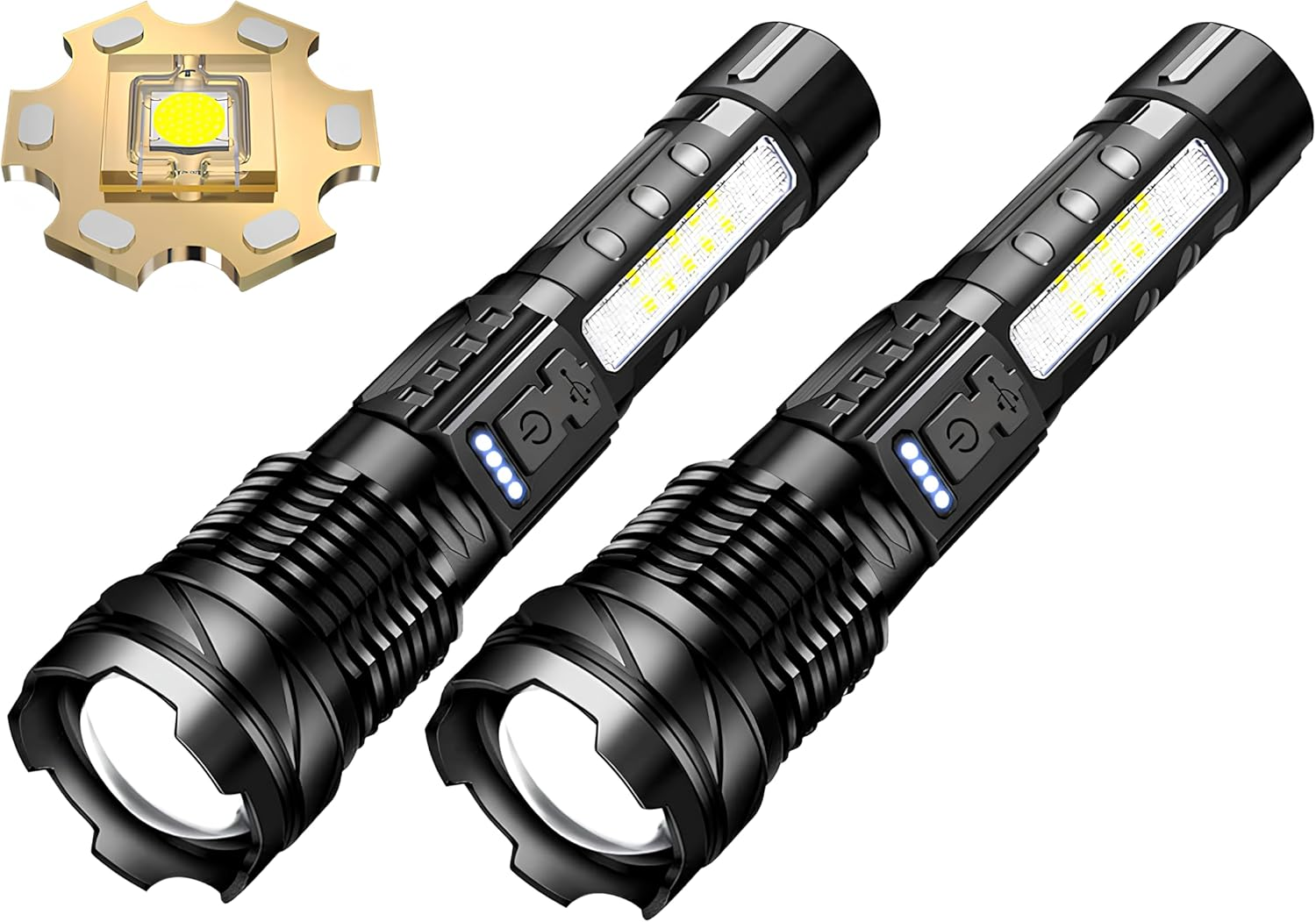 Tip: Pack of 2 LED Torch with Zoom, Extremely Bright, Effective Beam Range 200 M+, White COB Light, Red/Blue Strobe, Hand Strap, Belt Clip and Integrated USB-C Battery