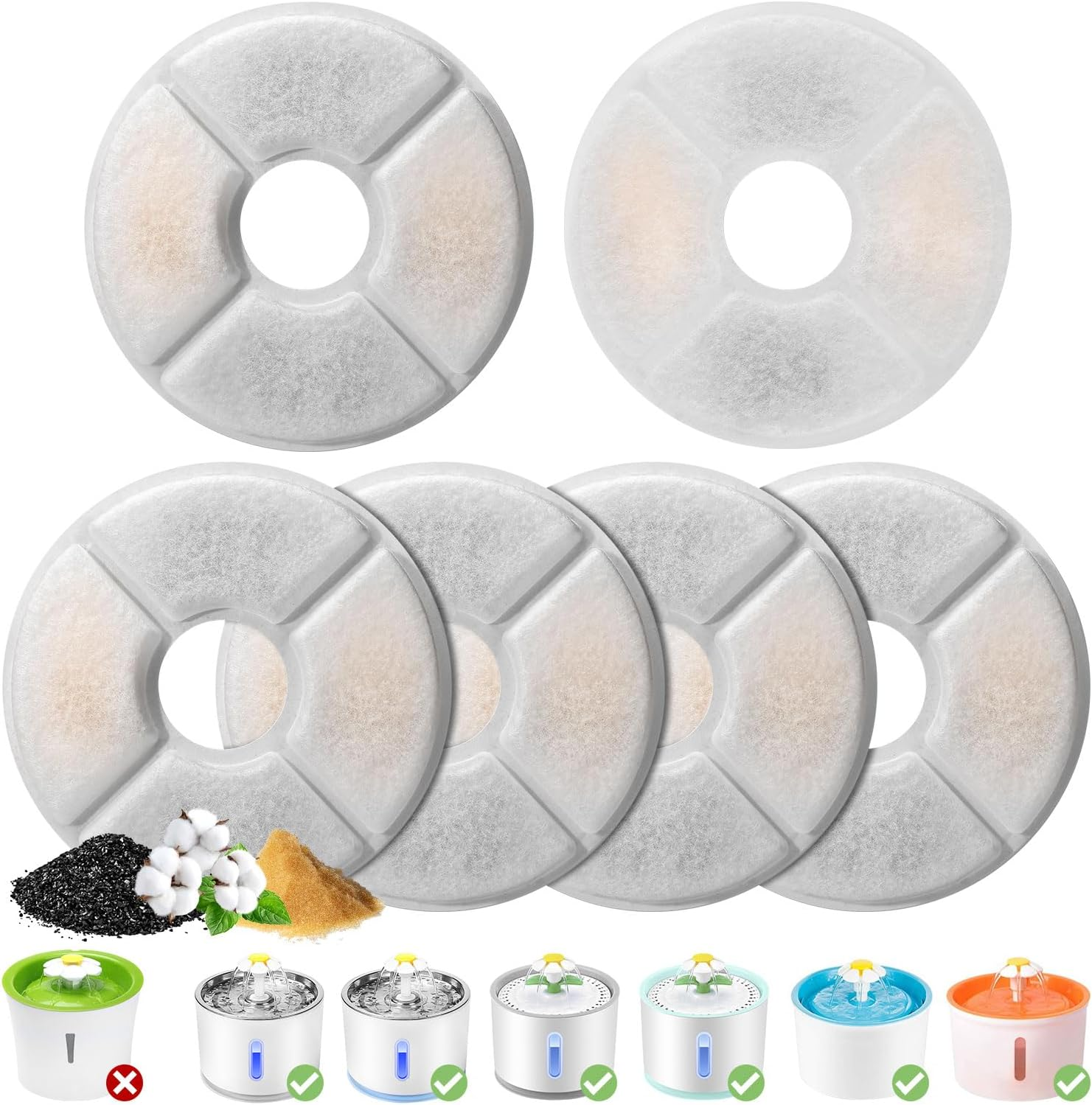 Pack of 6 Cat Fountain Replacement Filters, Feriva Replacement Filter for 2.0-2.5 L Flowers Cat Fountain, Triple Action Pet Water Fountain Filter, Replacement Filter for Drinking Fountain Cats (12.7 image number 6