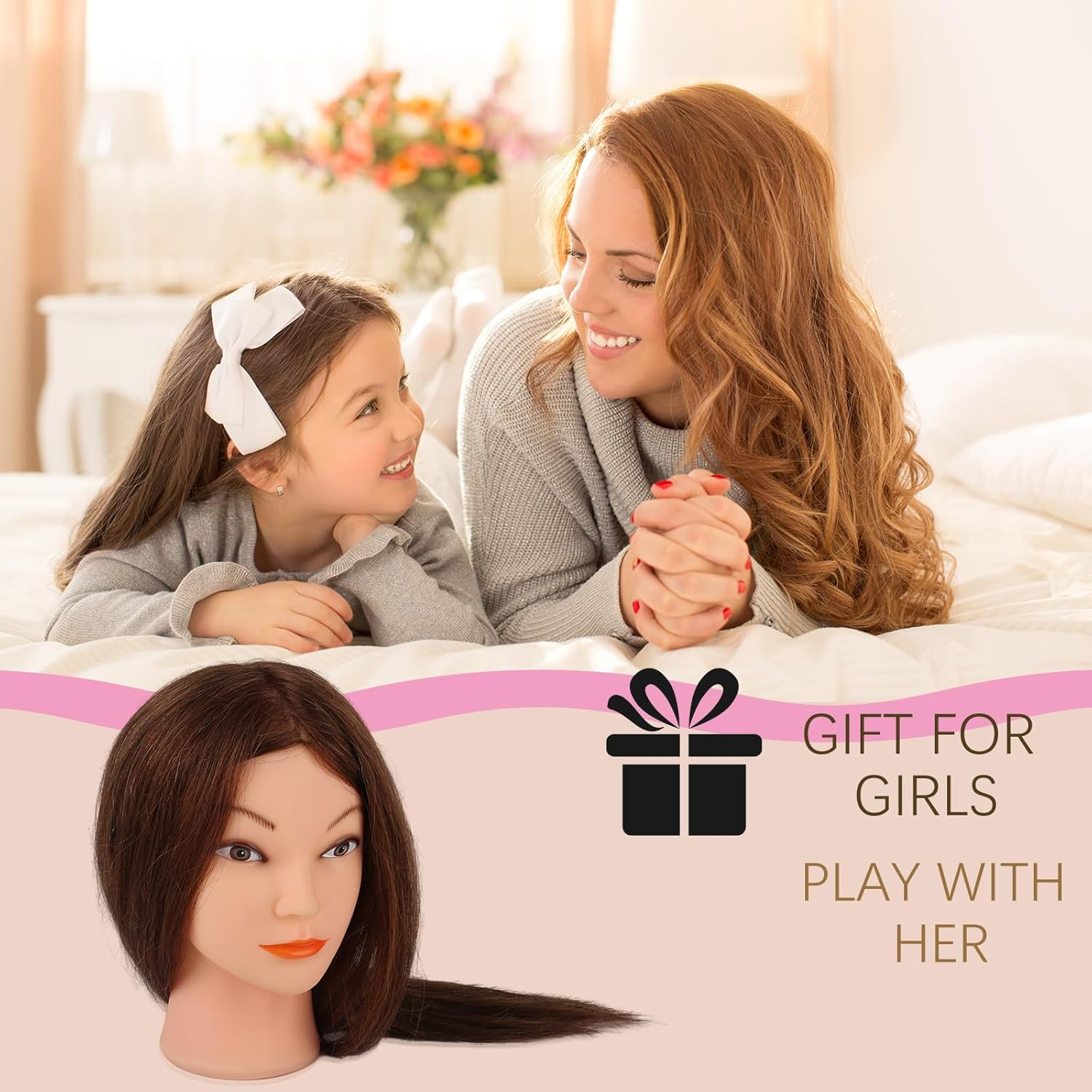 Mannequin Head with 100% Real Hair, 18" Dark Brown Natural Human Hair Hairdressing Doll Head for Practicing Hair Styling, Curling, Straightening, Coloring with Clamp & Styling Tools image number 4