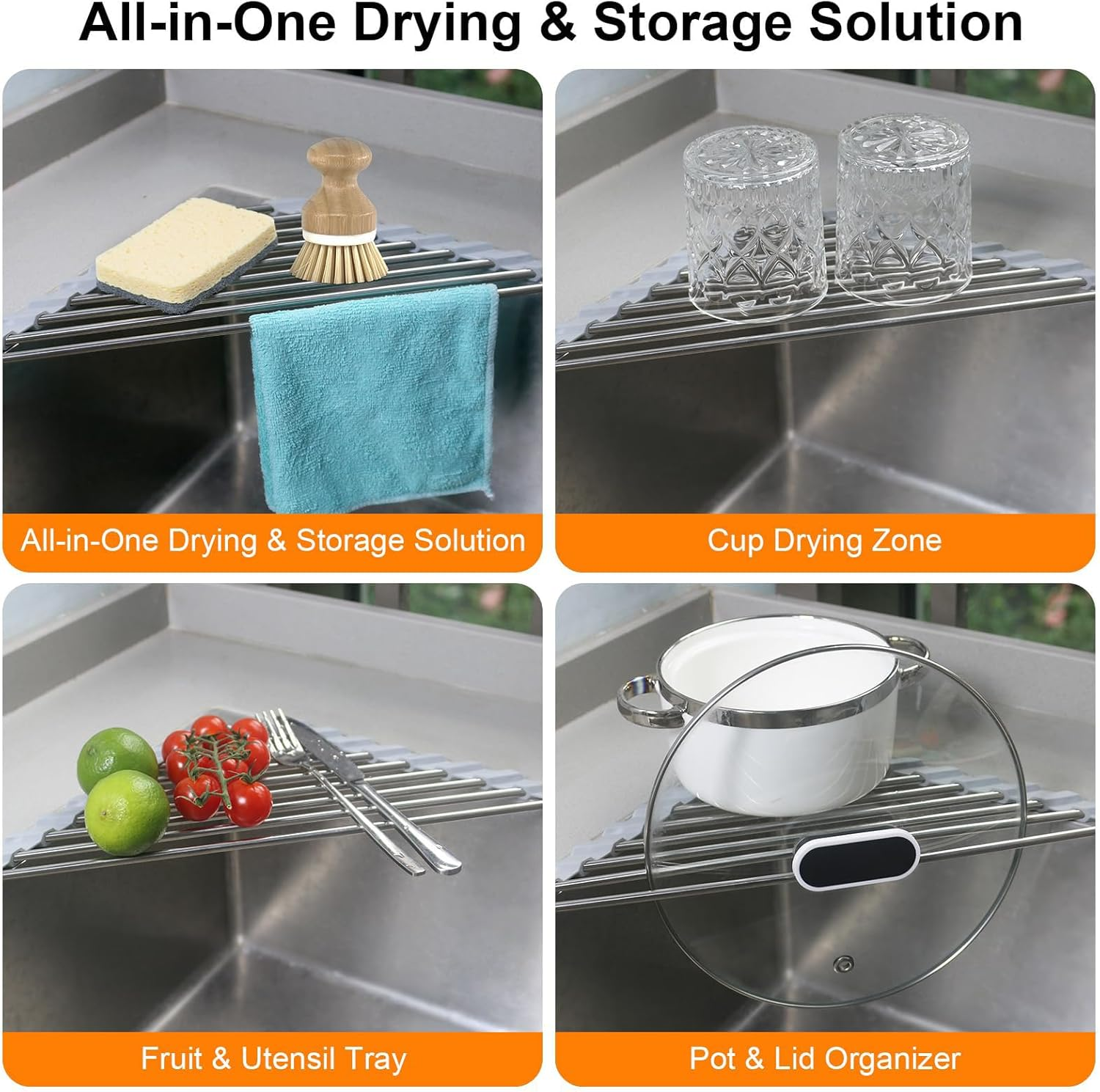 Foldable Stainless Steel Triangle Dish Drying Rack for Sink Corner, Grey Roll-Up Space Saver Drainer Mat with Sponge Holder - Multipurpose Kitchen Organizer image number 4