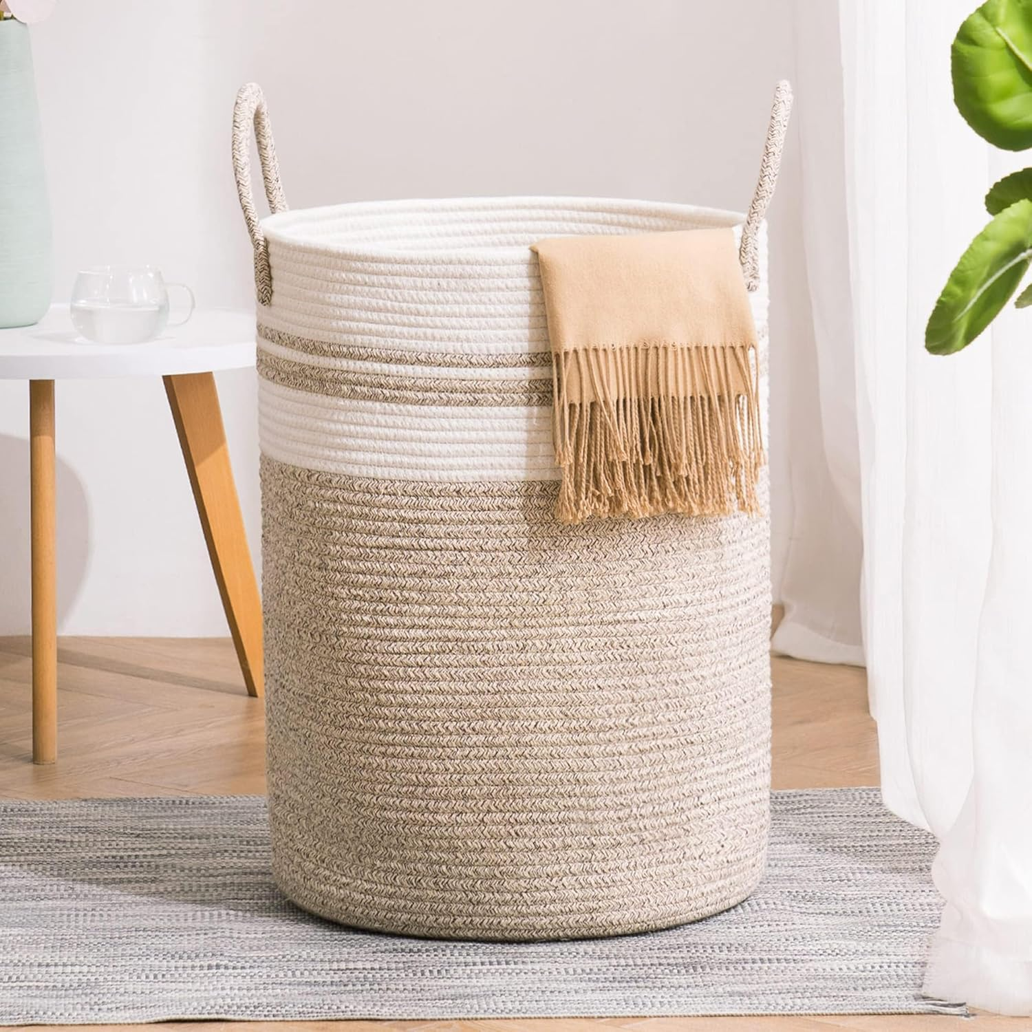 Large Laundry Hamper, Laundry Hamper for Toys, LXTANYY Tall Woven Laundry Basket for Clothes, Blanket Storage Basket for Living Room (Brown White-A)