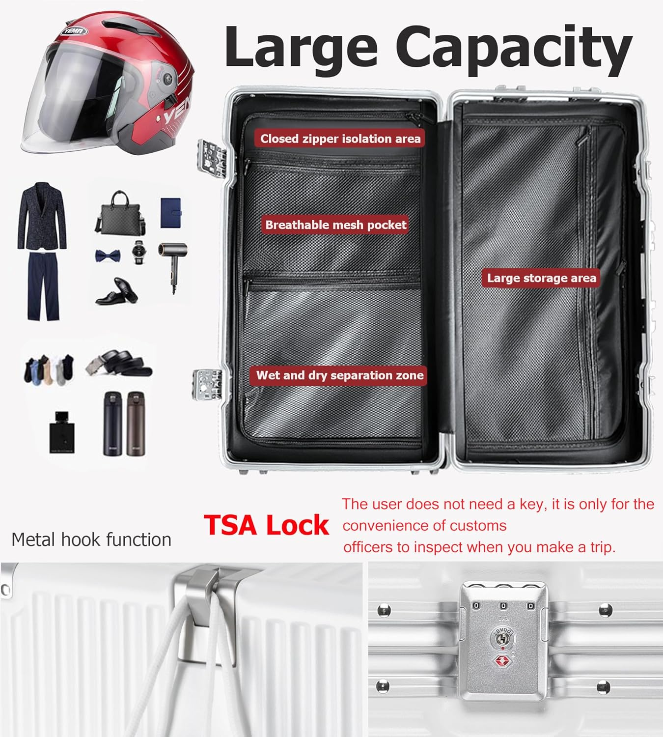 Feilario Aluminum Frame Hardside Spinner Wheels Luggage, Zipperless Checked Super Large Captain Suitcase with Cup Holder/Phone Holder, A-White, 30In, DF-1931 image number 1