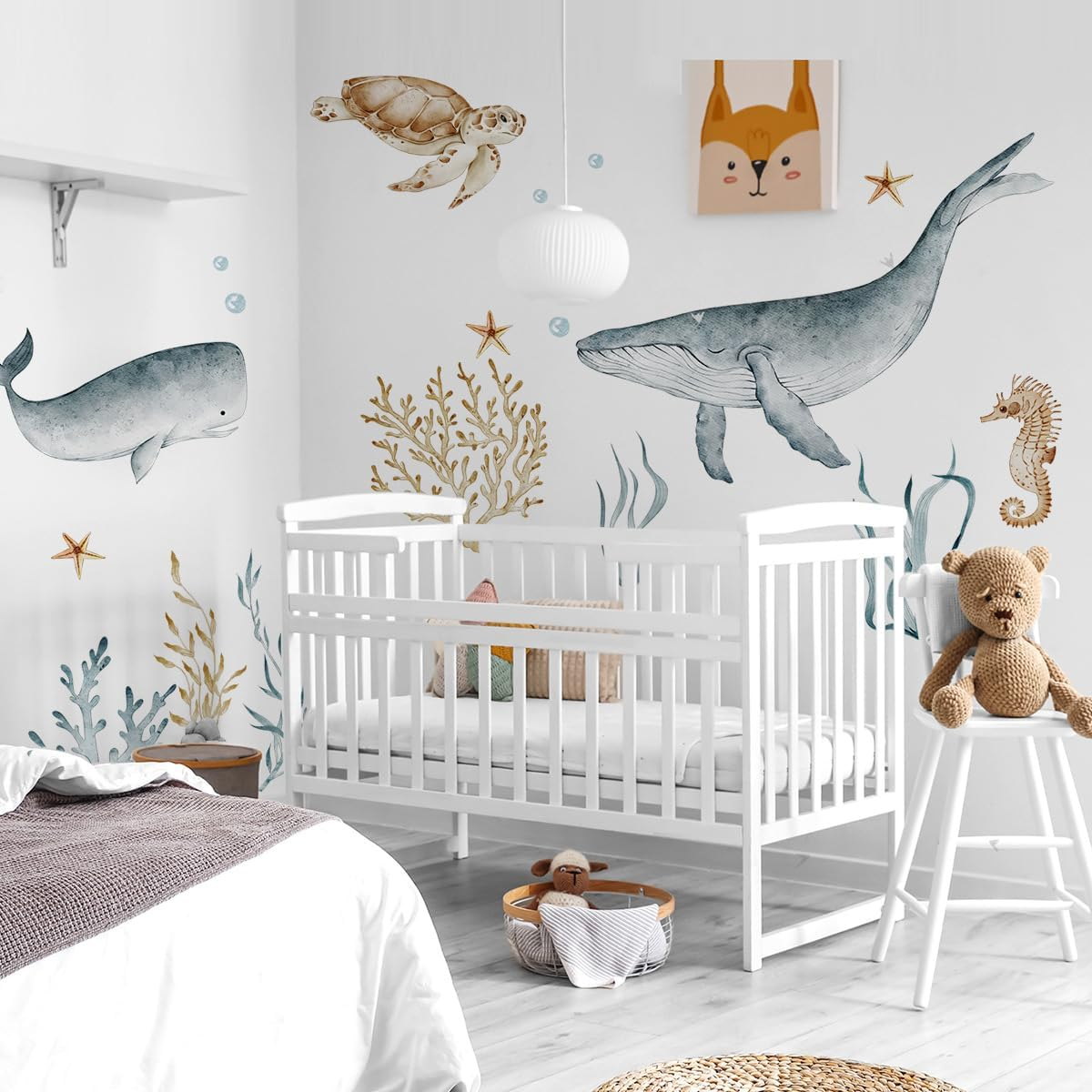 Ocean Wall Decals Watercolor under the Sea Wild Life Animals Sea Turtles Whales Wall Stickers Waterproof Peel and Stick Removable Ocean image number 2