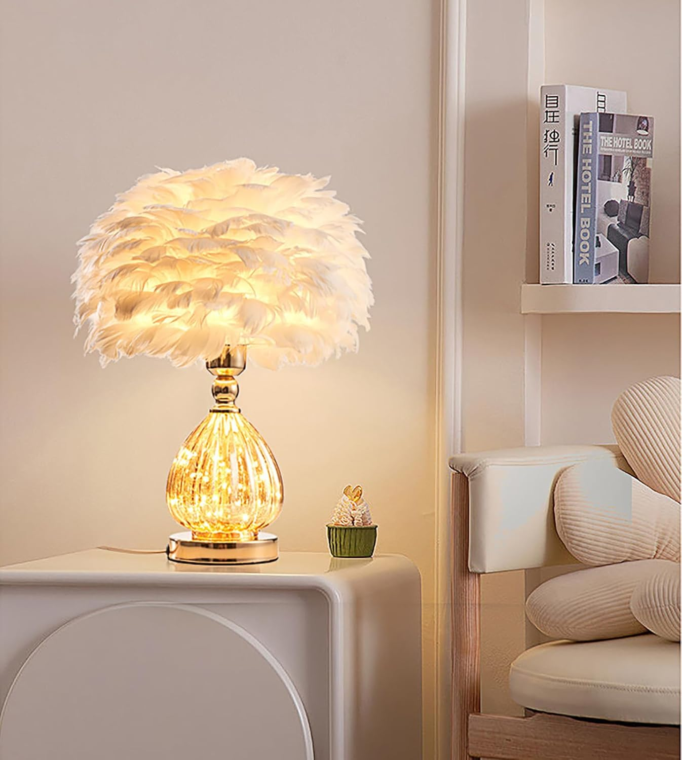 Feather Table Lamp, Charming Bedside Table Lamp, 3 Colour Dimmable Lamp, Modern Creative Decorative Atmosphere Light (White) image number 1