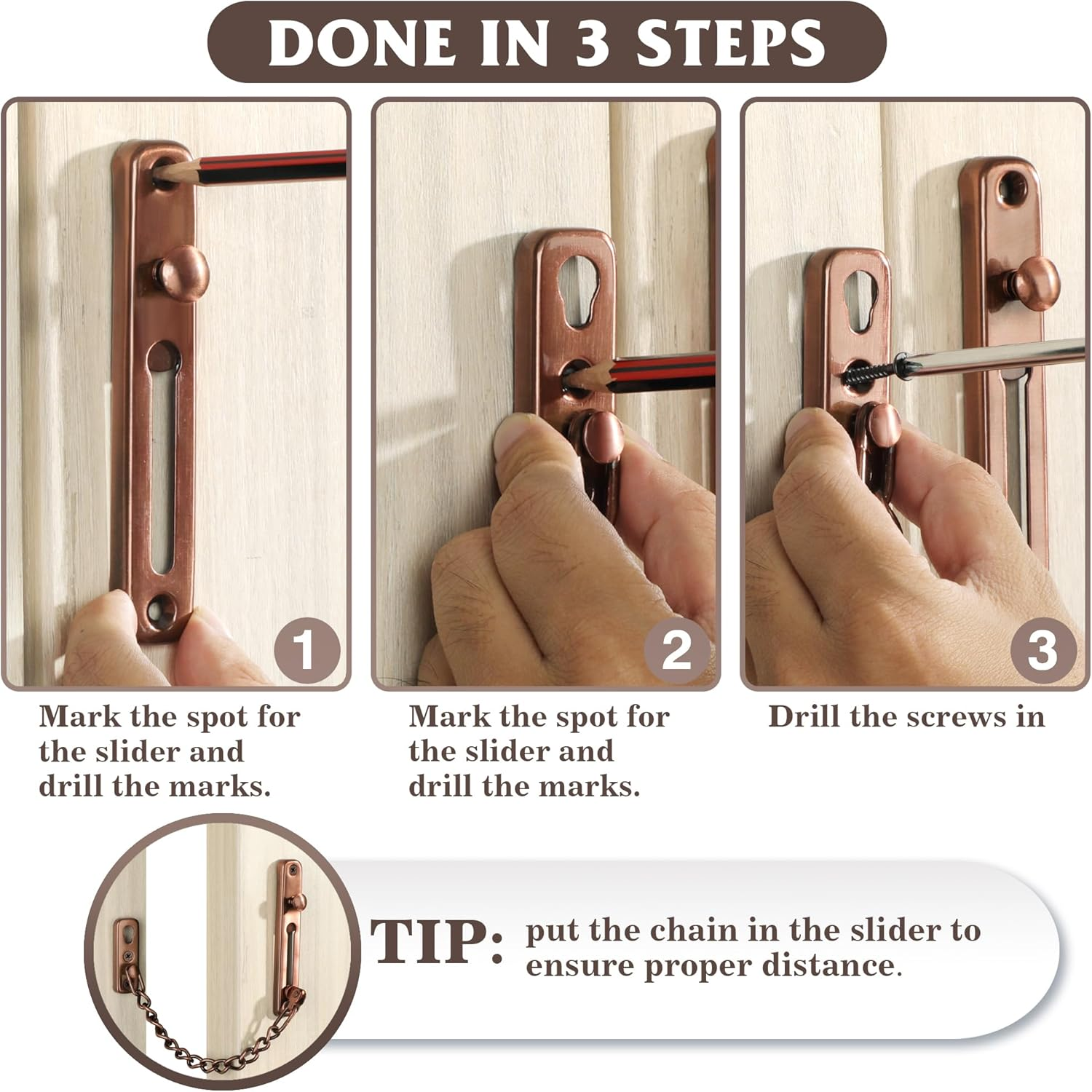 Alise Chain Door Guard Lock,Door Chain Locks with Safety Spring Anti-Theft Press Latch,Chain Locks for inside and Extra Front Door, Red Bronze(1 Pack) - Brushed Nickel image number 5