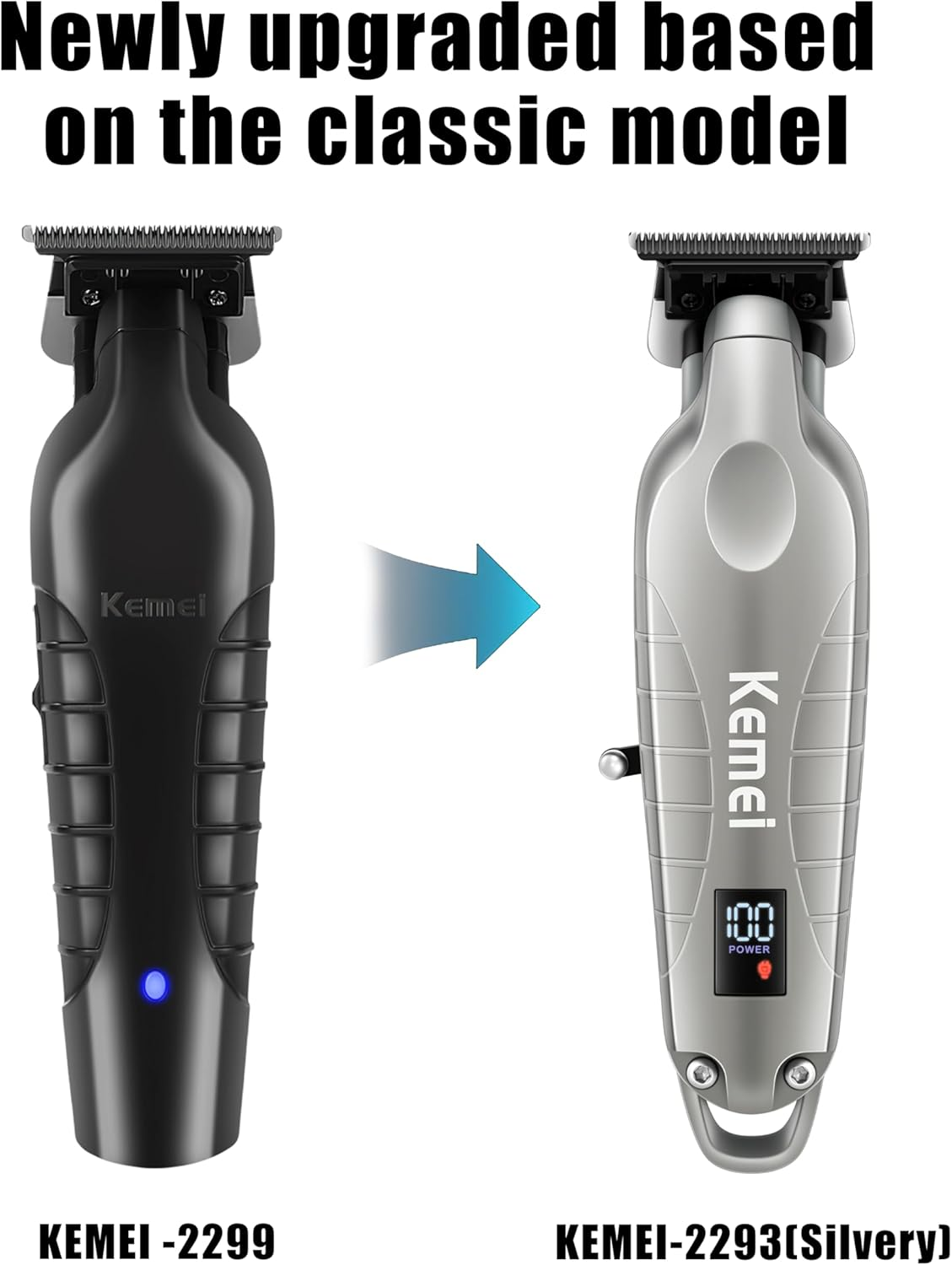 KEMEI 2293 Professional Hair/Beard Trimmer for Men Zero Gapped Hair Clippers for Barber with T Blade, Cordless Rechargeable, Silvery image number 6