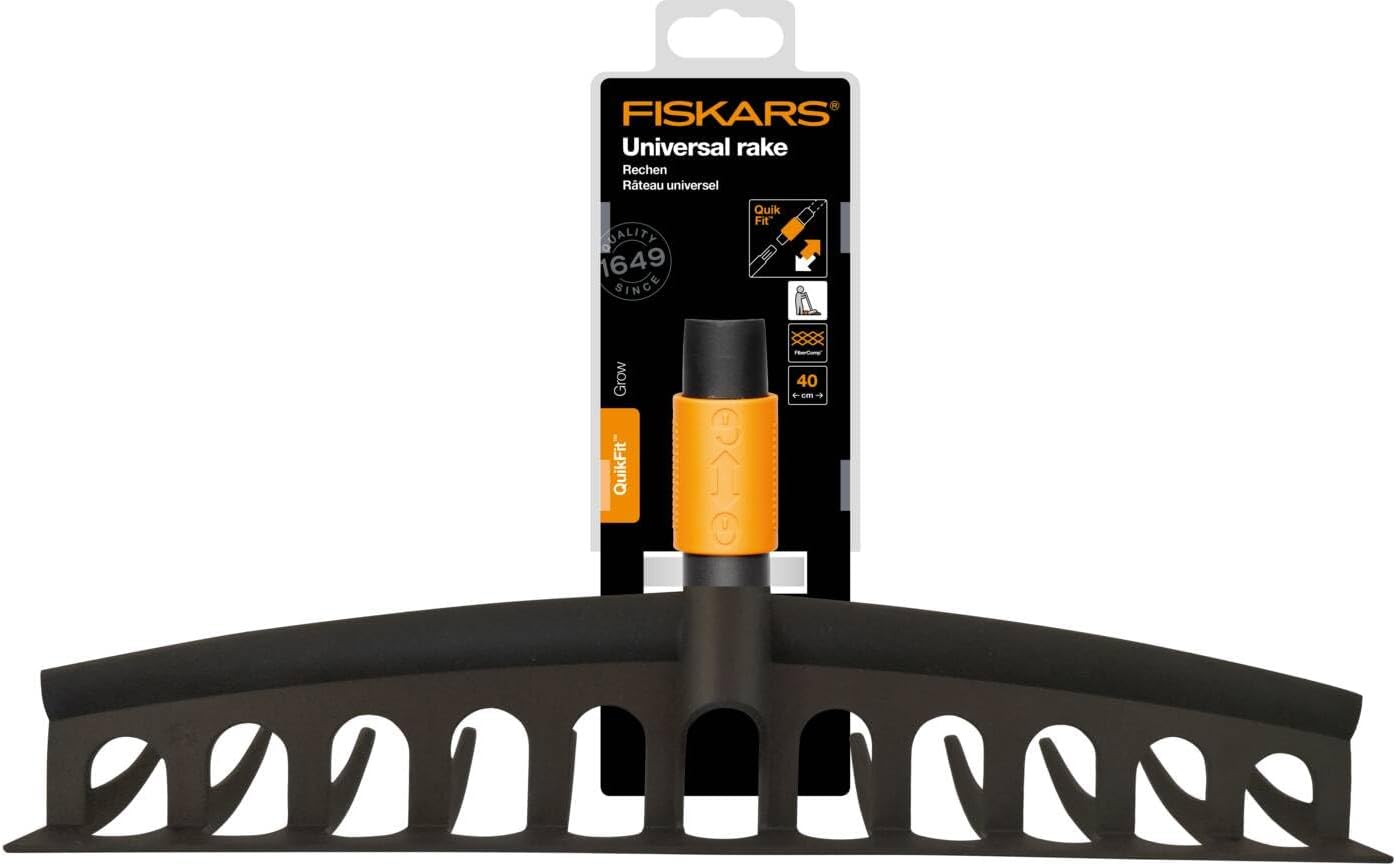 Fiskars Rake with 12 Prongs, Tool Head, Width: 41 Cm, Glass Fibre Reinforced Plastic Prongs, Black/Orange, Quikfit, 1000643 image number 1
