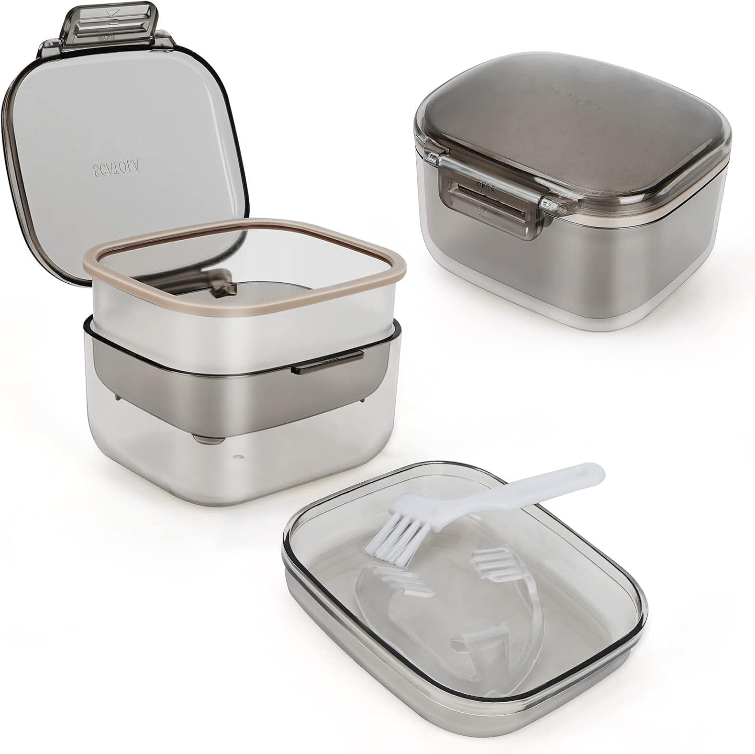 Denture Bath Cup, Denture Case,Retainer Cup,Three-Layer Retainer Case,Denture Cup, Mouth Guards Holder, Partial Denture Soak Container, Retainer Box Size:3.15 * 2.08 * 3.35(Black)