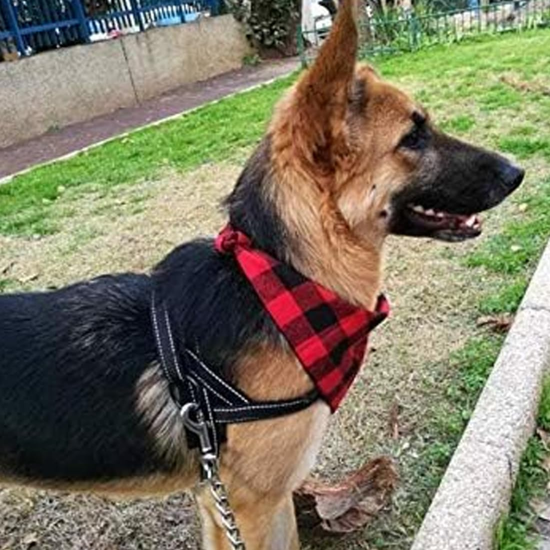 Dog Neckerchief, Cotton Plaid Pet Bandana, Washable Pet Bandana, Triangle Bib, Puppy Neckerchief, Dog Triangular Scarf, Adjustable, for Small, Medium, Large Dogs Pets, Red and Black image number 2