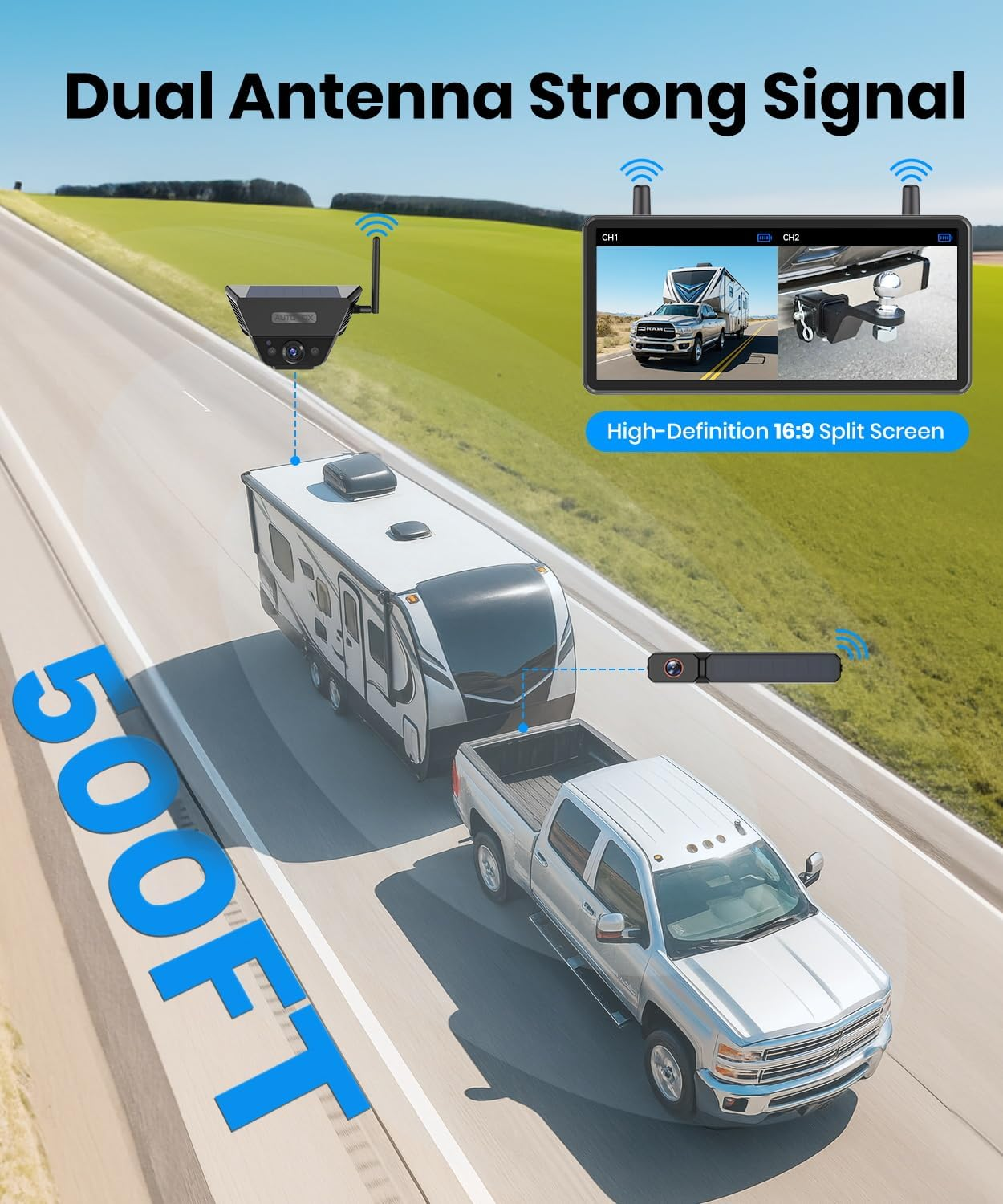 AUTO-VOX 2 Solar Wireless Backup Camera System: 7.2&rdquo; 1080P HD Monitor, 3-Min Quick Installation for Wider Rear & Trailer View, IP69K Waterproof Back up Camera for Truck, RV, Camper, Horse/Boat Trailer image number 2