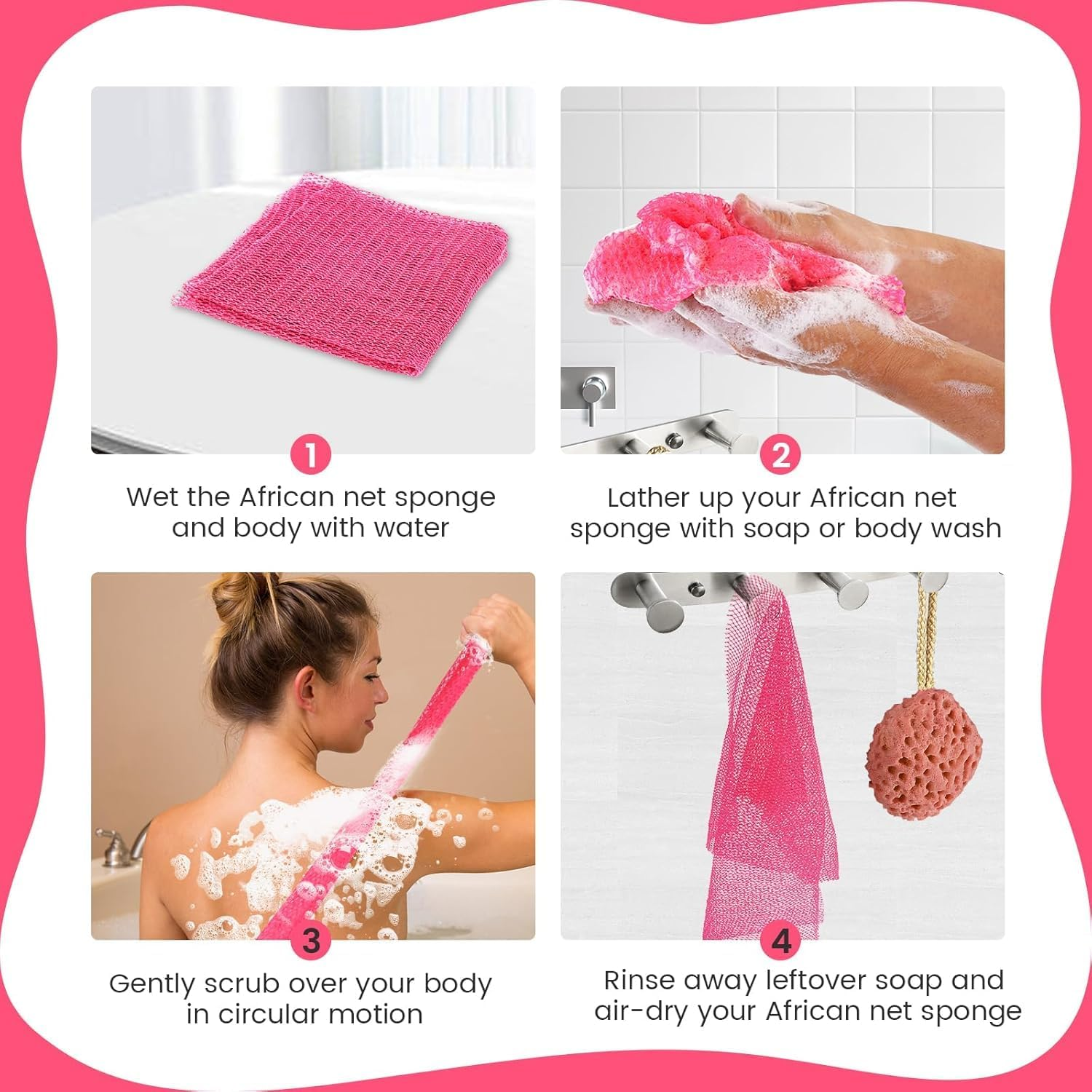 Authentic African Net Sponge with Knots- Long Stretch Exfoliating Sapo Body Scrubber, African Bath Sponge for Back & Feet, Dead Skin Remover, Shower Wash Cloth, 120CM, Pink - Coffee image number 3