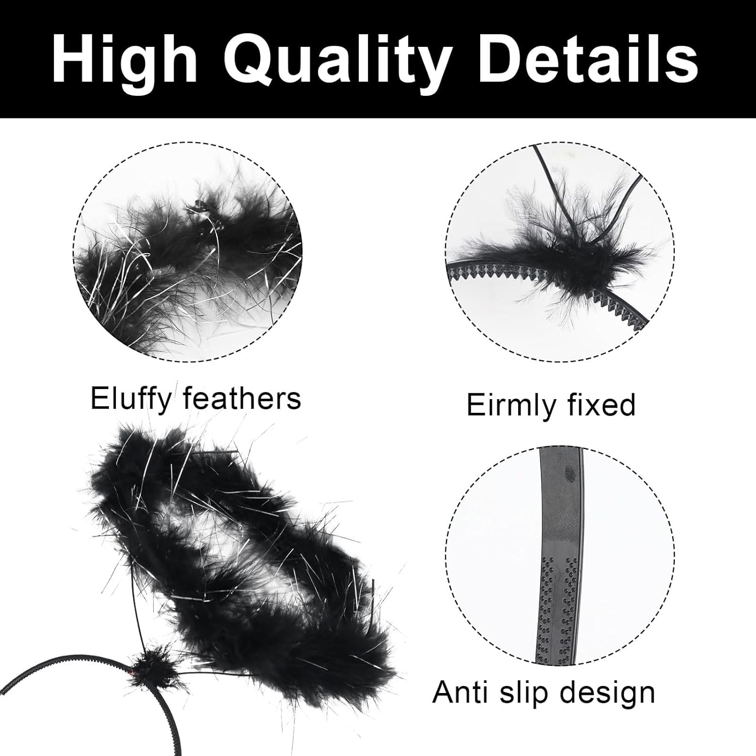 Headband Halo Black - Angel Costume Accessories for Children Women Men Headband Angel Hair Accessories for Halloween, Fancy Dress & Carnival Party Headband for Black Angel with Feather Wreath image number 5