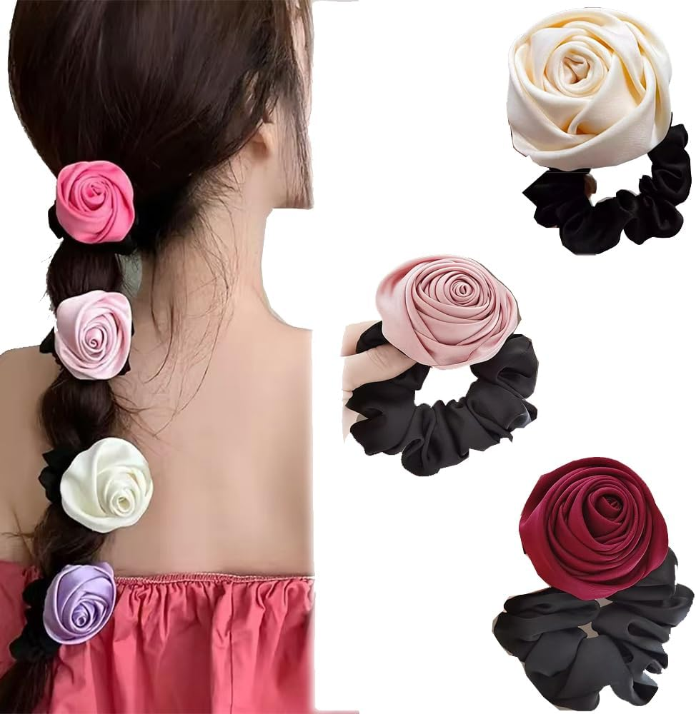Rose Flower Hair Bobbles Elastic Hair Bands Stretchy Rubber Hair Bands Slim Floral Headbands Scrunchies Ponytail Holder Accessories for Women Girls image number 2