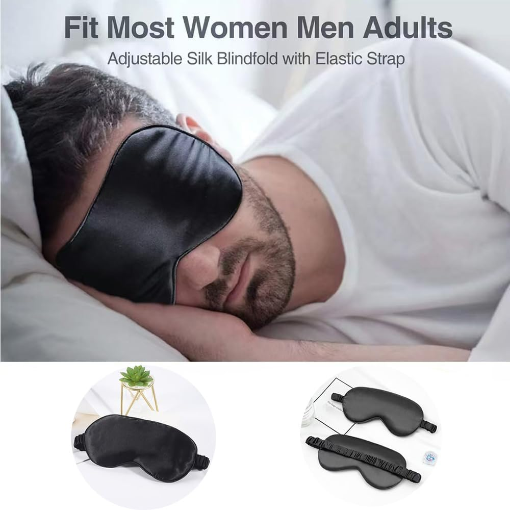 2 Pack 100% Mulberry Silk Sleep Mask, Elastic Headband 3D Contoured Blackout Blindfold for Side Sleepers, Night Sleep, Travel, Nap, Airplane Essentials (Black & Pink) image number 2