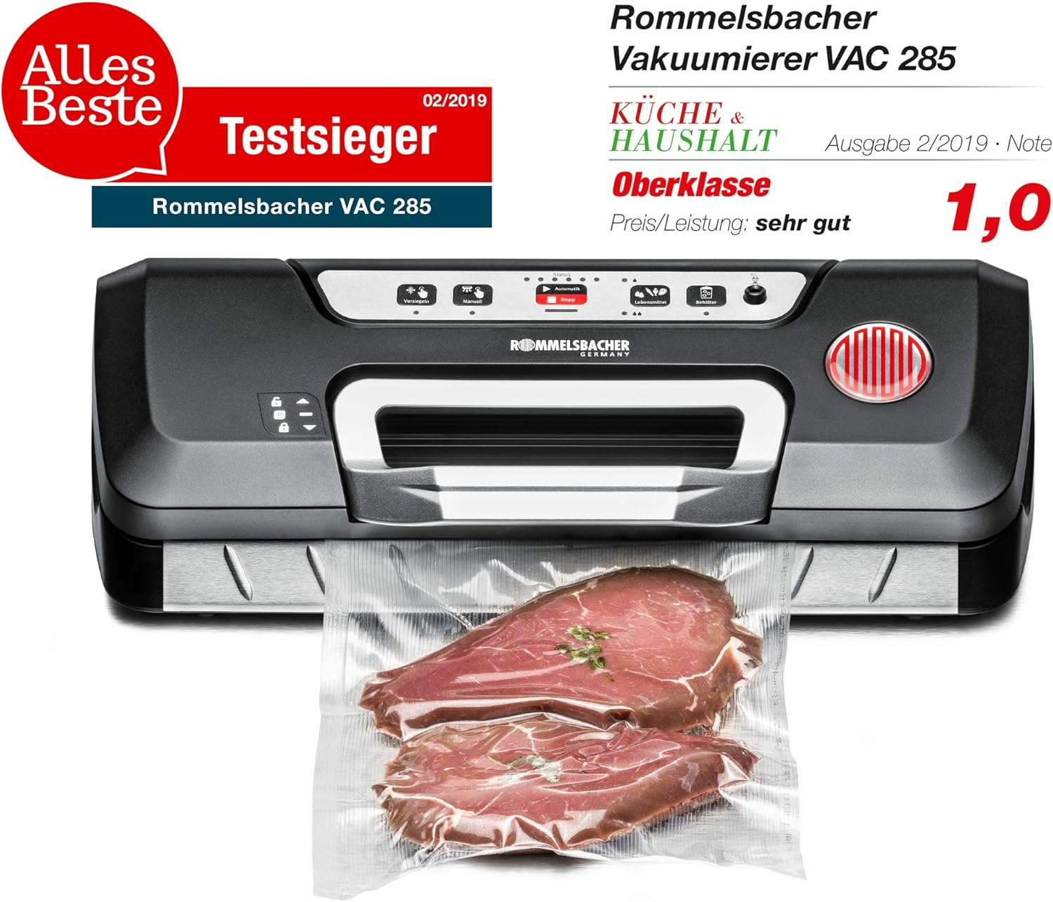 ROMMELSBACHER Vacuum Sealer VAC 285 &ndash; Suction Capacity 9 Litres/Min, One-Hand Operation, for Long-Term Operation, Fully Automatic Vacuum Sealing & Sealing, 2 Sealing Times, for Films up to 30 Cm Wide image number 3