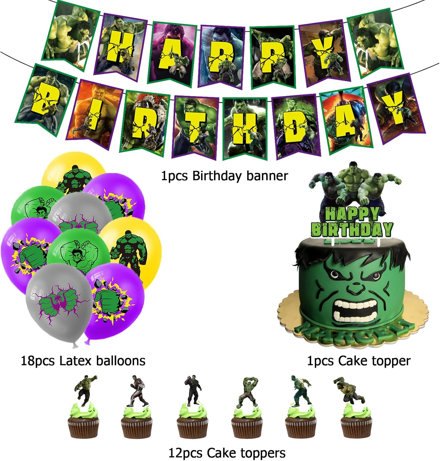 Hulk Birthday Party Decoration - Green Cartoon Balloon, Birthday Garland, Cake Topper image number 6