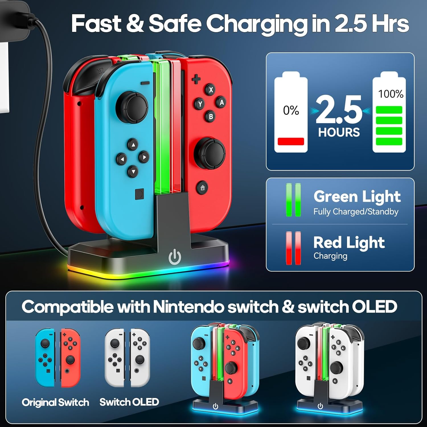 Kosker Switch Controller Charger for 4 Joycons with 9 RGB Light Modes, Joy Con Charger Dock for Switch Joycon & Switch OLED Joycon, Switch Charging Dock Station with LED Indicators (Not for Joycon 2) image number 6