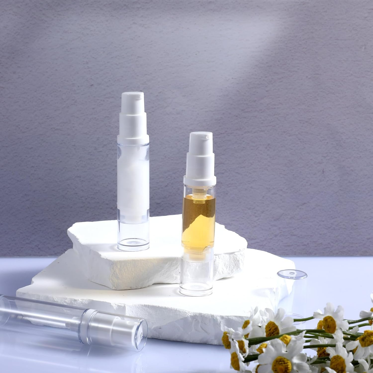 Aiyorse 4 Pcs Refillable Clear Travel Pump Bottles, 10Ml Airless Cosmetic Container for DIY Foundation, Essential Oils, Disinfectant Spray (White) image number 4