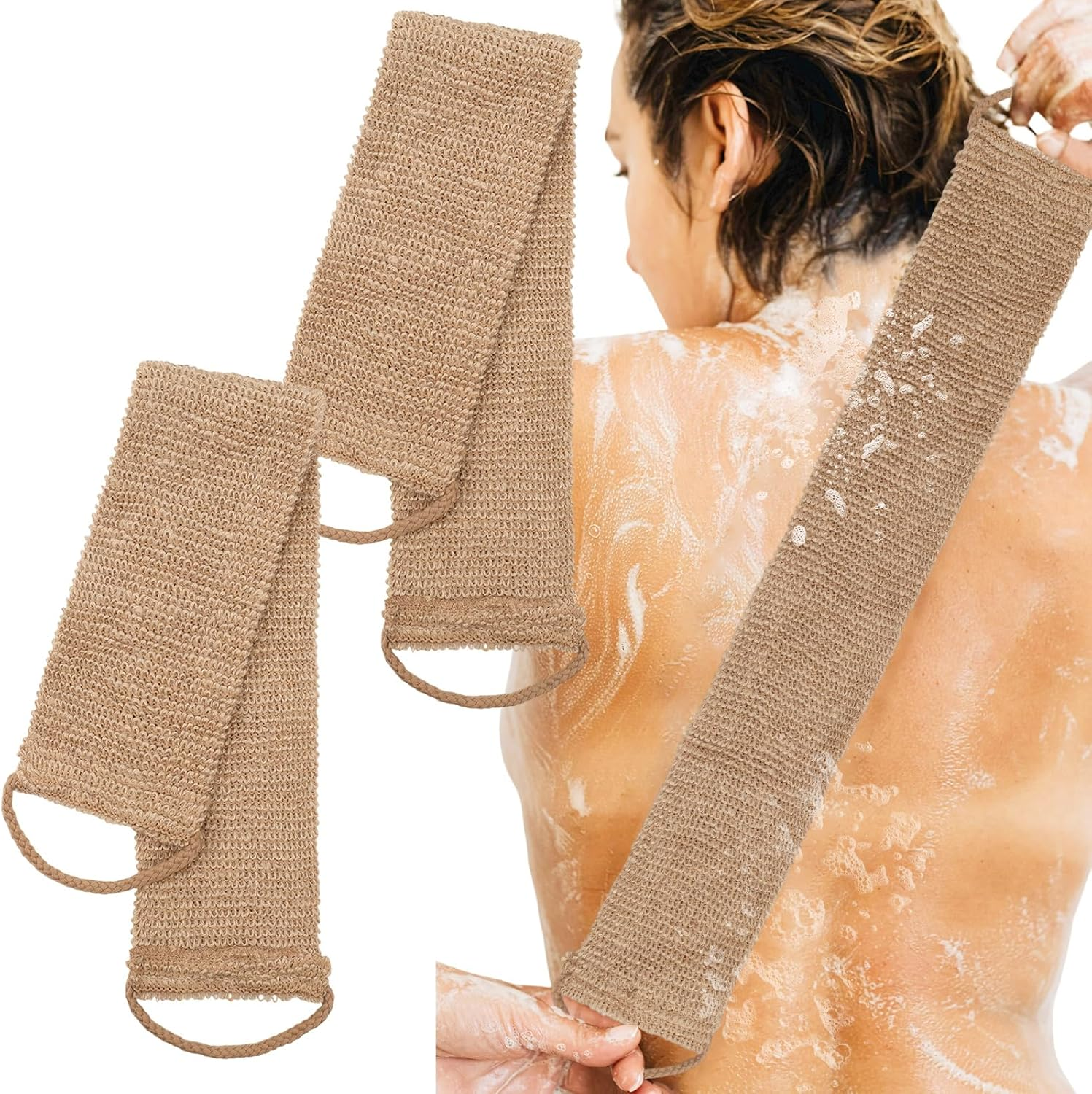 Viiotu 2 Pack Exfoliating Back Scrubber, 100% Natural Jute African Sponge Net, Back Scrubber Exfoliator with Upgrade Drawstring, Shower Back Scrubber, Back Exfoliator for Shower image number 2