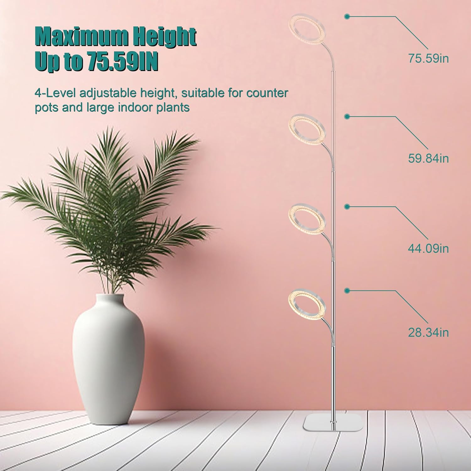 LED Full Spectrum Standing Grow Light, Silver Ring Plant Light with 3/9/12H Timer, 10 Level Dimmable, 60 Inch Height Adjustable, 3000K Floor Growth Lamp for Indoor Large Tall Plants image number 4