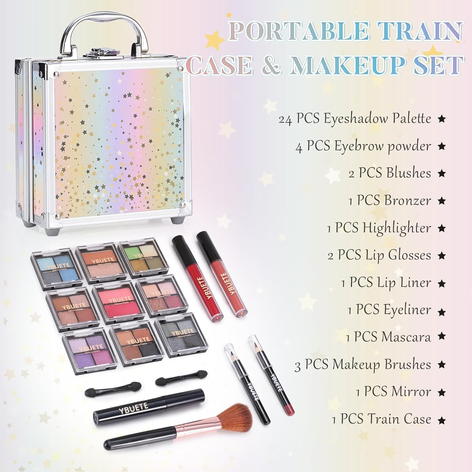 Beginner Makeup Kit for Teen Girl Women, Makeup Present for Her, Set with Cosmetic Train Case Included Eyeshadow Blush Lip Gloss Lip Liner Mascara Eyeliner Mirror (Pink) image number 6