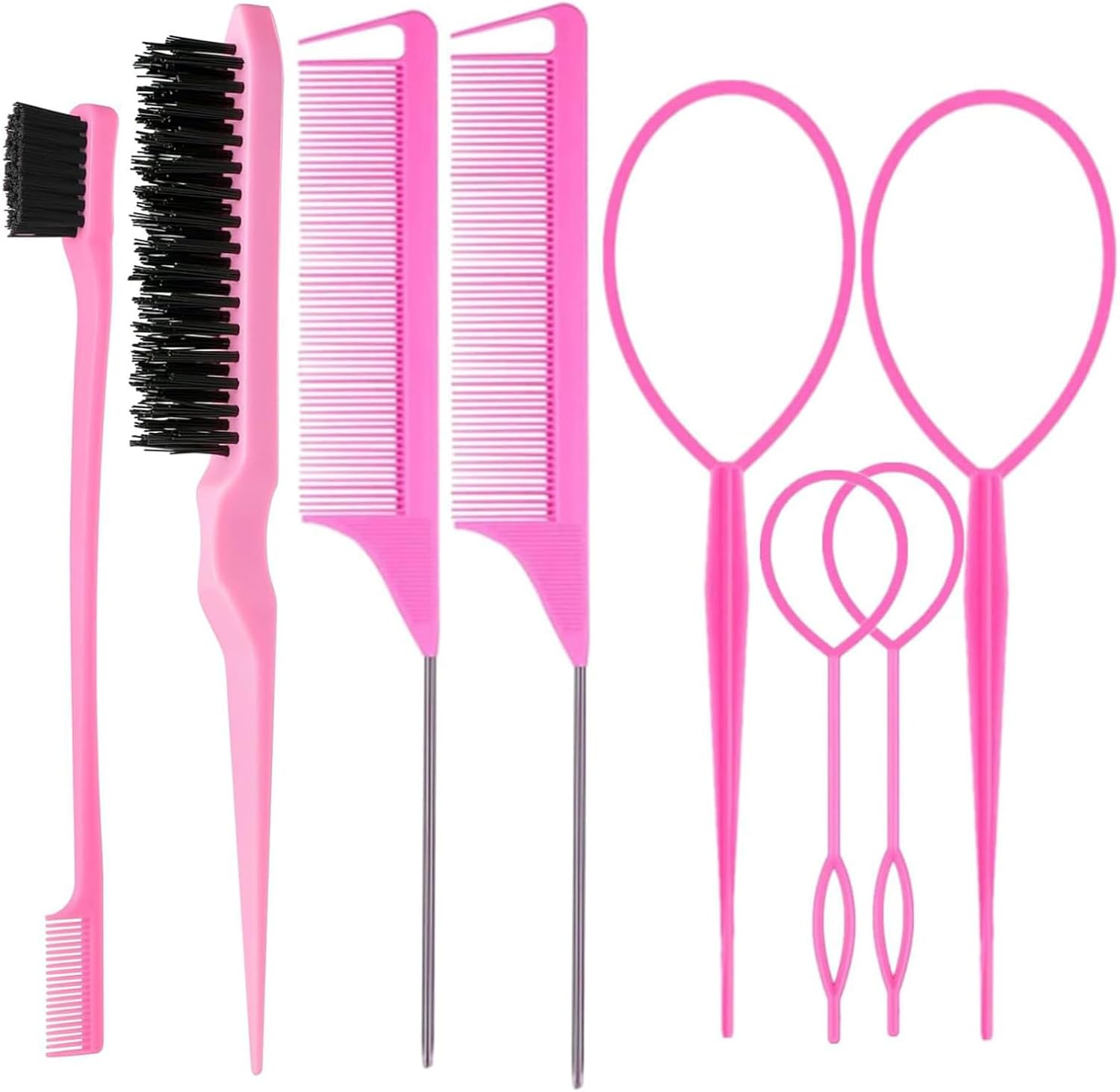 Agwenkui 8 Pcs Hair Brushes Set with 4Pcs Topsy Tail Tools - Hair Tools Set with Edge Brush Teasing Bristle Brush 2Pcs Metal Pin Rat Tail Combs for Women'S Styling (Pink)