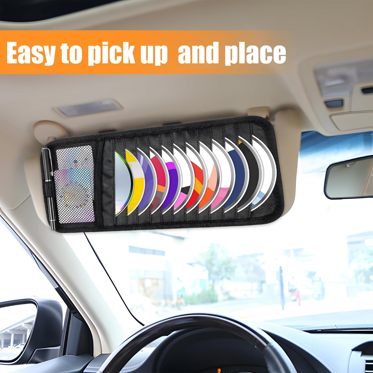 Large Capacity CD Case Holder for Car & Truck - Premium Durable CD Storage Organizer with 10 DVD Sleeves, Mesh Pocket for Drivers, Commuters & Road Trips image number 2