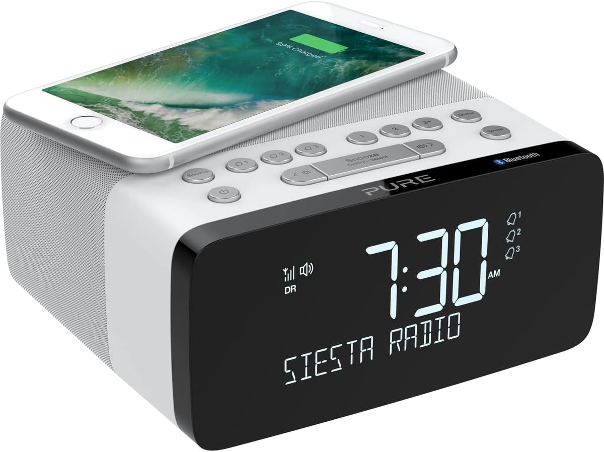 Pure Siesta Charge Radio Alarm Clock with Wireless Charging Pad (Digital Radio with DAB/DAB+, FM/FM Radio, Bluetooth, USB, AUX, Wireless Mobile Phone Charging Station, 40 Station Memory) Polar White image number 3