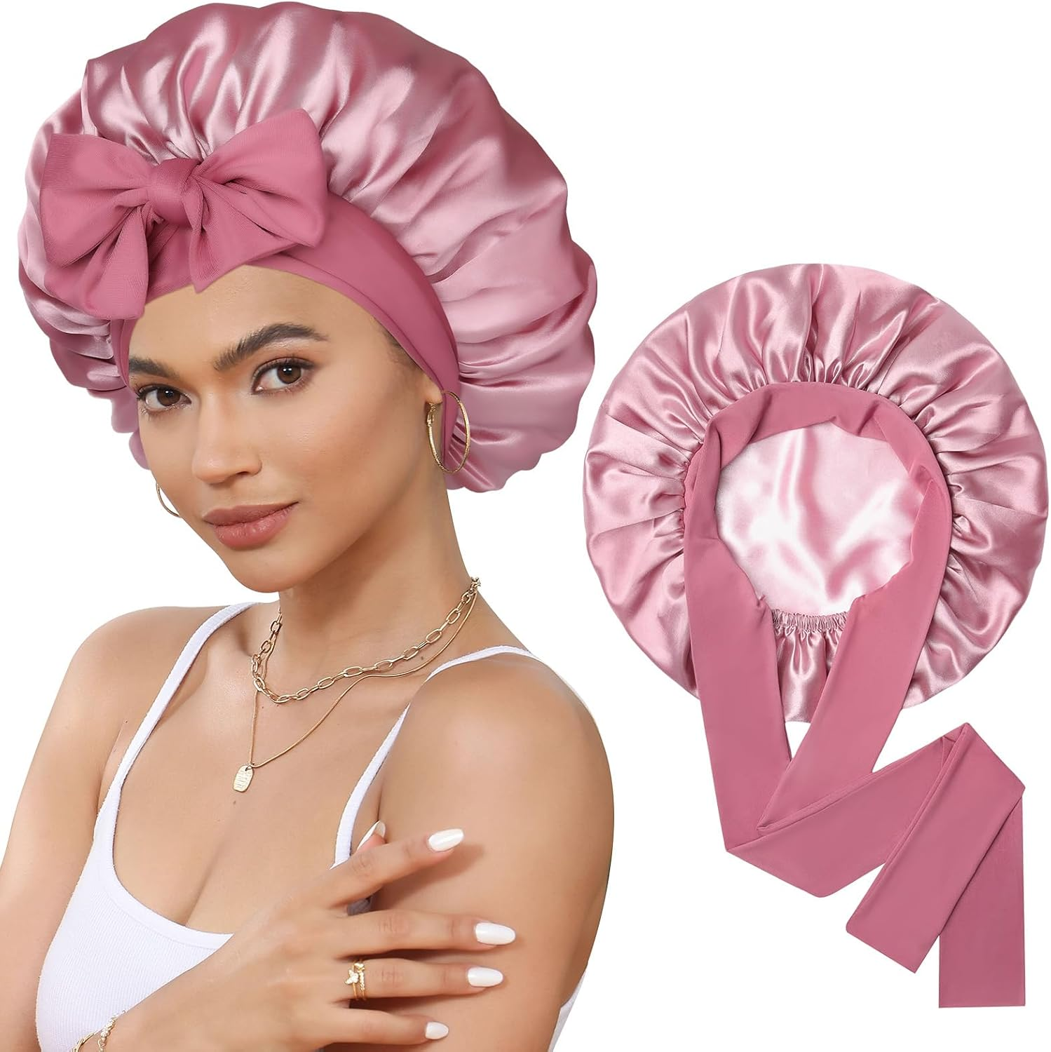 Satin Bonnet Silk Bonnet for Sleeping Silk Sleep Cap Double Layer Hair Bonnet with Elastic Tie Band for Curly Hair Night Cap (Bean Paste + Pink) image number 5