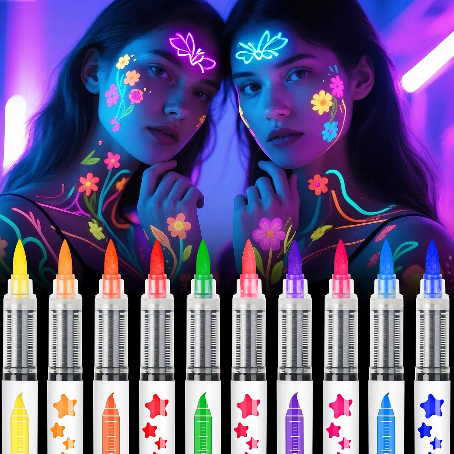 Nsxsu Halloween Makeup Glow in the Dark Face Paint Markers 10 Colors, Neon Body Paint Pen for Skin Glow under Black Light, Washable UV Temporary Tattoo Pens for Glow Party Supplies