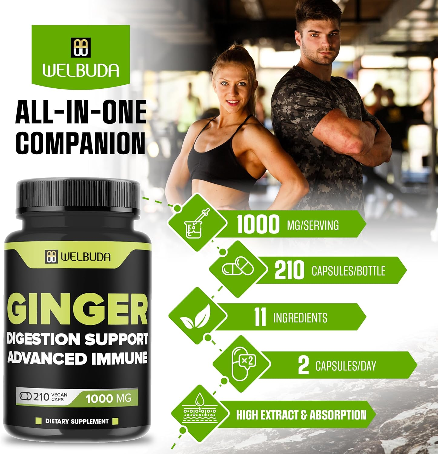 1000Mg Ginger Supplements Capsules with Berberine Hcl, Elderberry, Echinacea & More - 11In1 Support Digestion, Joint Health, Immune System, and Heart Health - 210 Ginger Pills image number 4