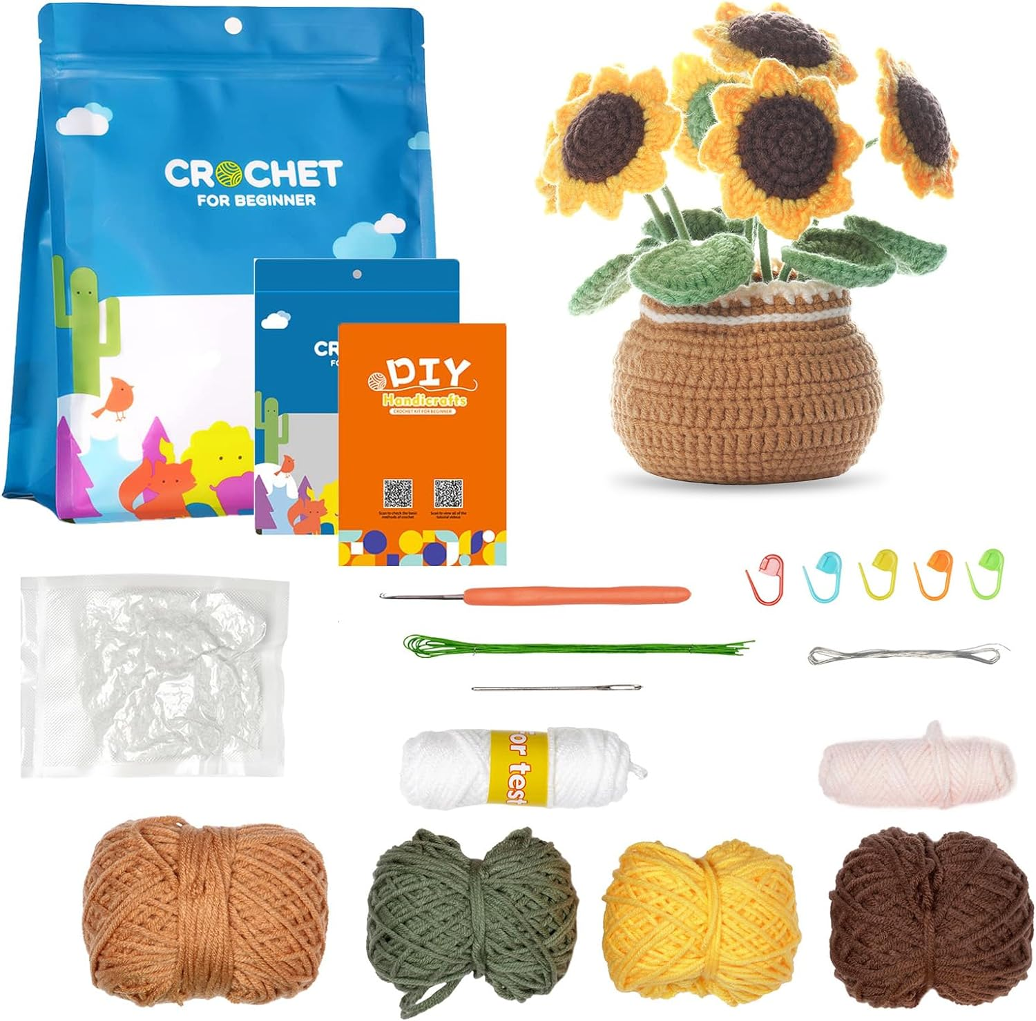 ZIENVE Crochet Kit for Beginners: Potted Plants Flowers, Easy Crocheting Starter Kit with Step-By-Step Instructions and Video Tutorials for Adults