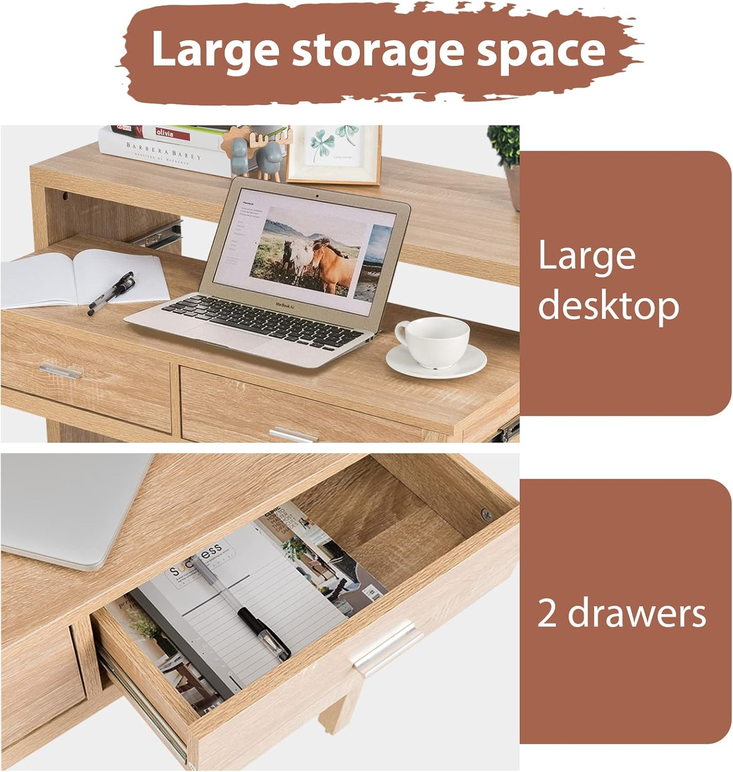 Giantex Extending Writing Desk, Wood Pull Out Computer Desk with Top Shelf & 2 Drawers, Simple Modern Style Home Office Workstation for Small Space, Easy Assembly image number 3