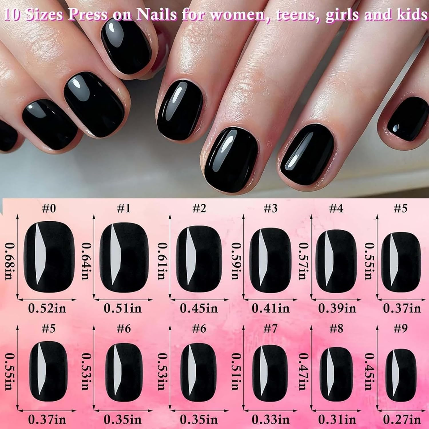 576Pc Short Press on Nails 24 Colours Glossy Squoval Fake Nails, Full Cover Acrylic Artificial Fingernails for Kids Girls Women &ndash; Quick At-Home Manicure Nail Tips Gel Artificial Fingernail - 120, Black Almond Nails image number 2